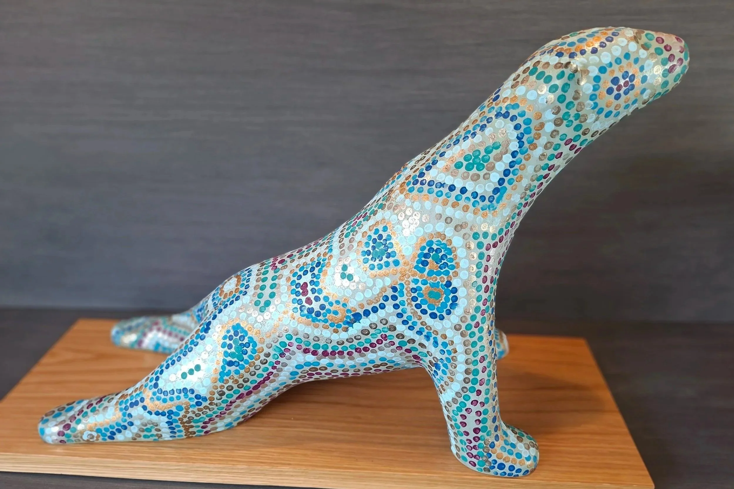 Upward Bear  with Dots Influenced by Huichol (Mexican) Art.
Acrylic H36cm  W55cm  D22cm
£775.00