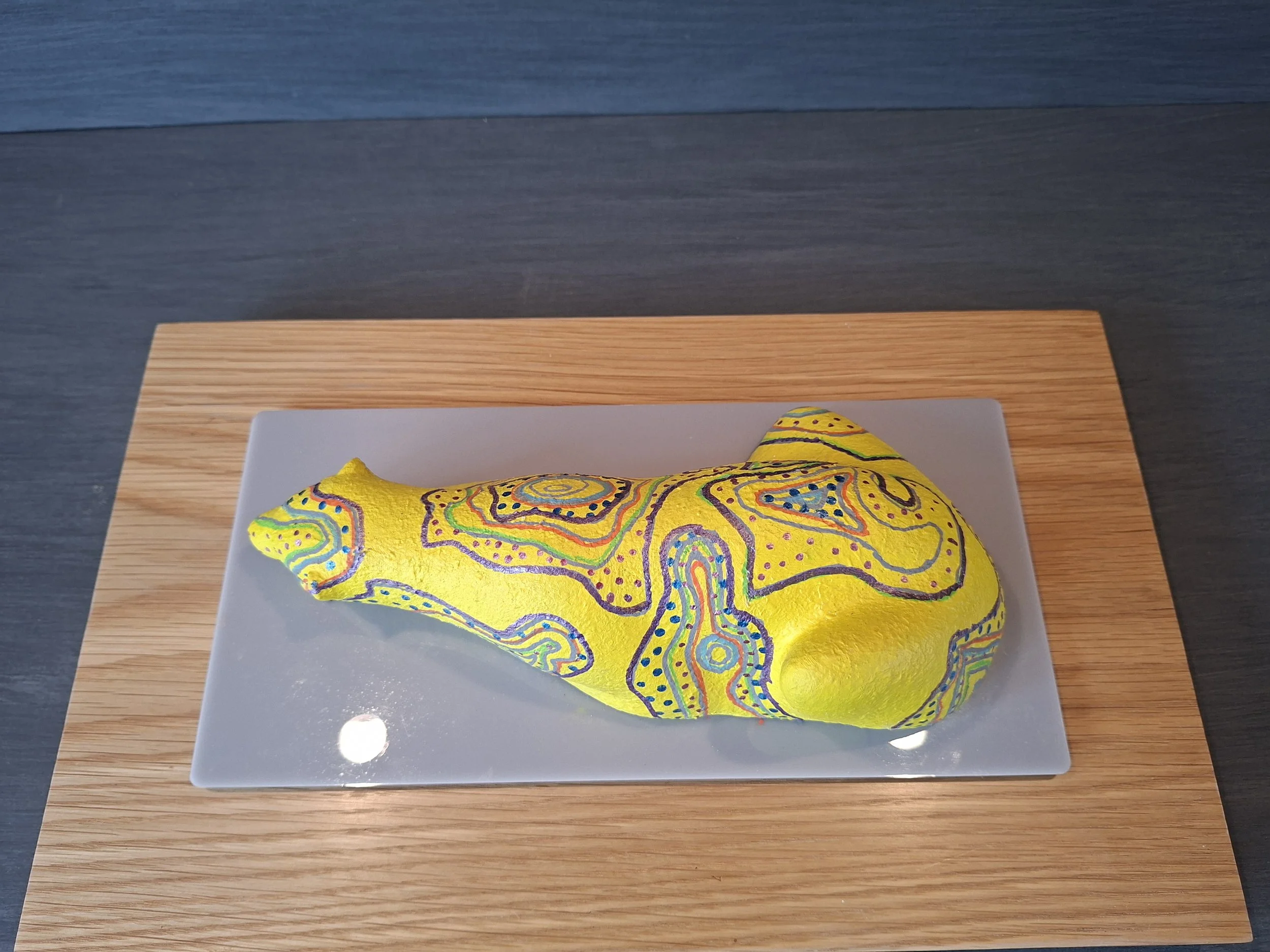 Topography Resting Bear Influenced by Aboriginal Art.
Acrylic  H7cm  W29cm  D14cm
£135.00