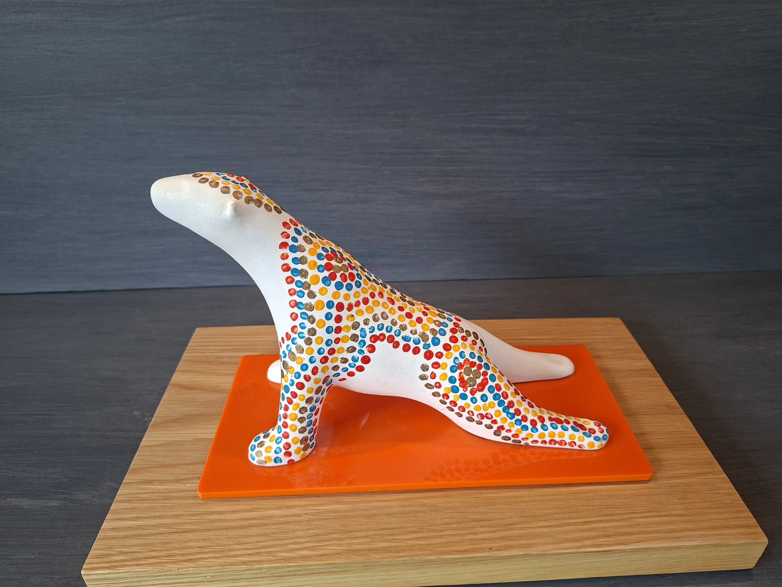 Upward Bear Red Dots Influenced by Huichol (Mexican) Art.
Acrylic H17cm  W30cm  D6cm
£95.00