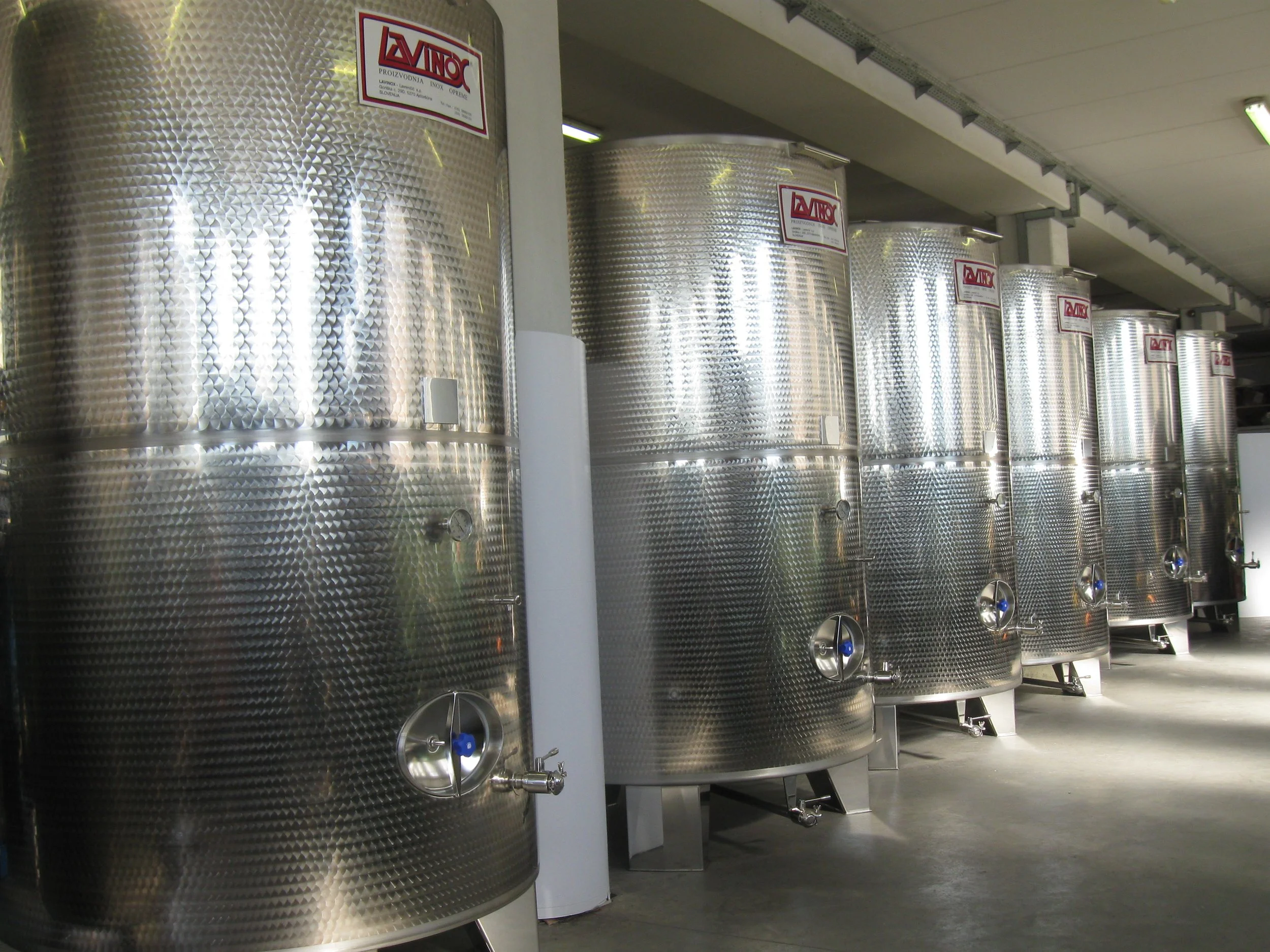 Multiple large stainless steel fermentation tanks lined up in a brewery or winery.