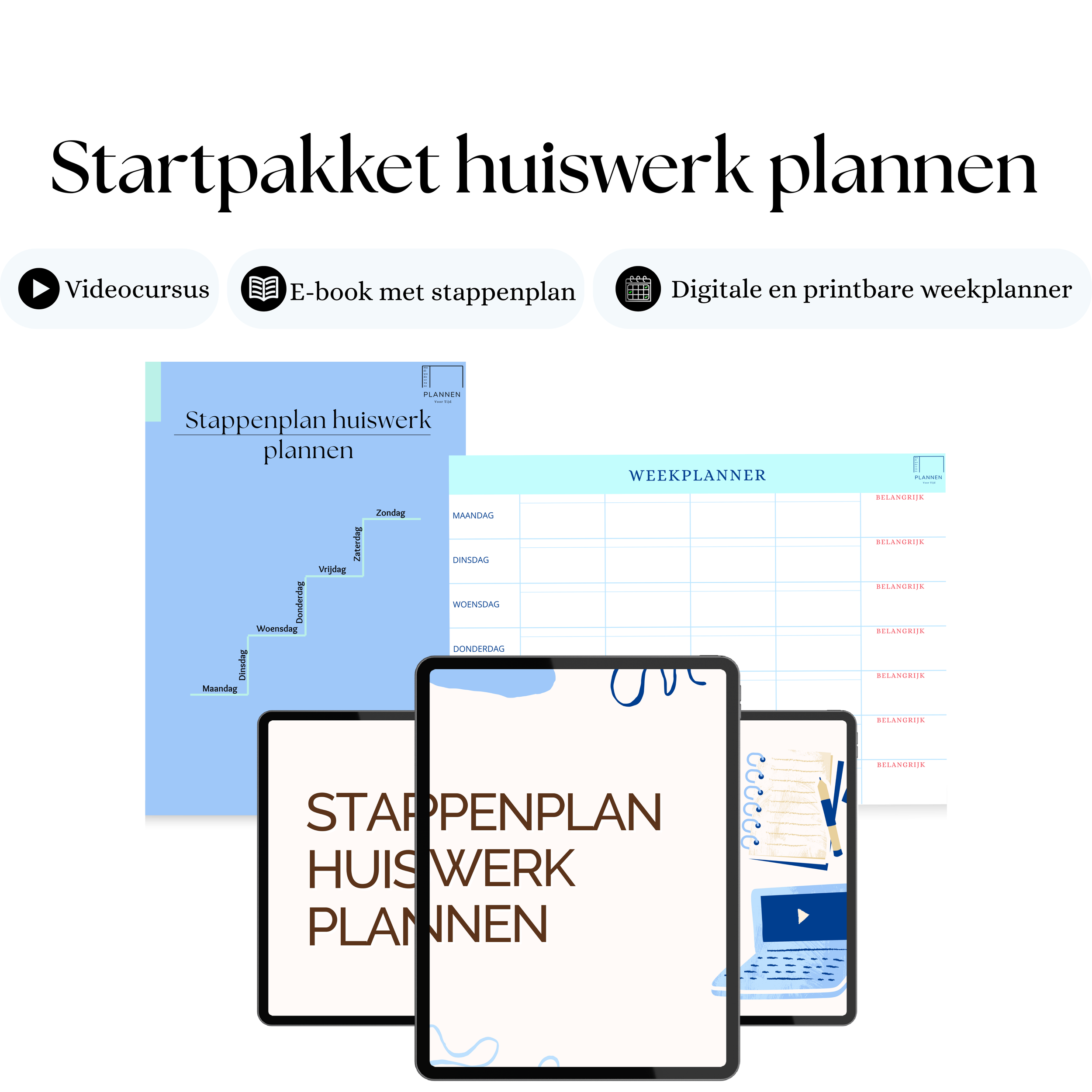 Voorpagina van een huiswerk planner met digitale en papieren weekplanners en informatie over een videoles, een e-book met stappenplan, en planningspagina's.
