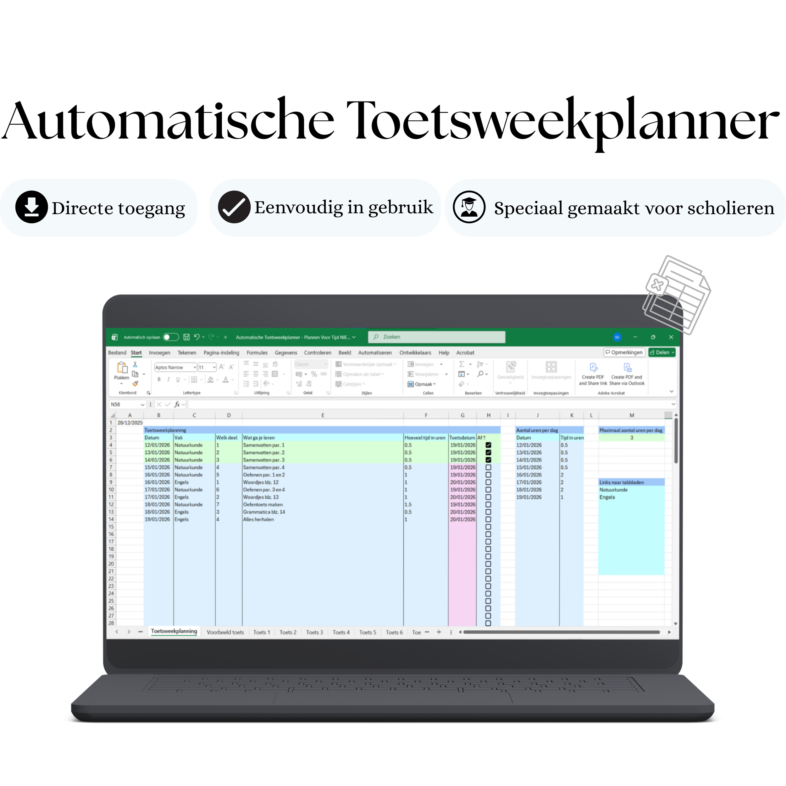 Automatische Toetsweekplanner voor middelbare scholieren. Directe toegang, eenvoudig in gebruik en speciaal gemaakt voor scholieren. Op de laptop staat de toetsweekplanning met het aantal uren per dag en een maximaal aantal uren.