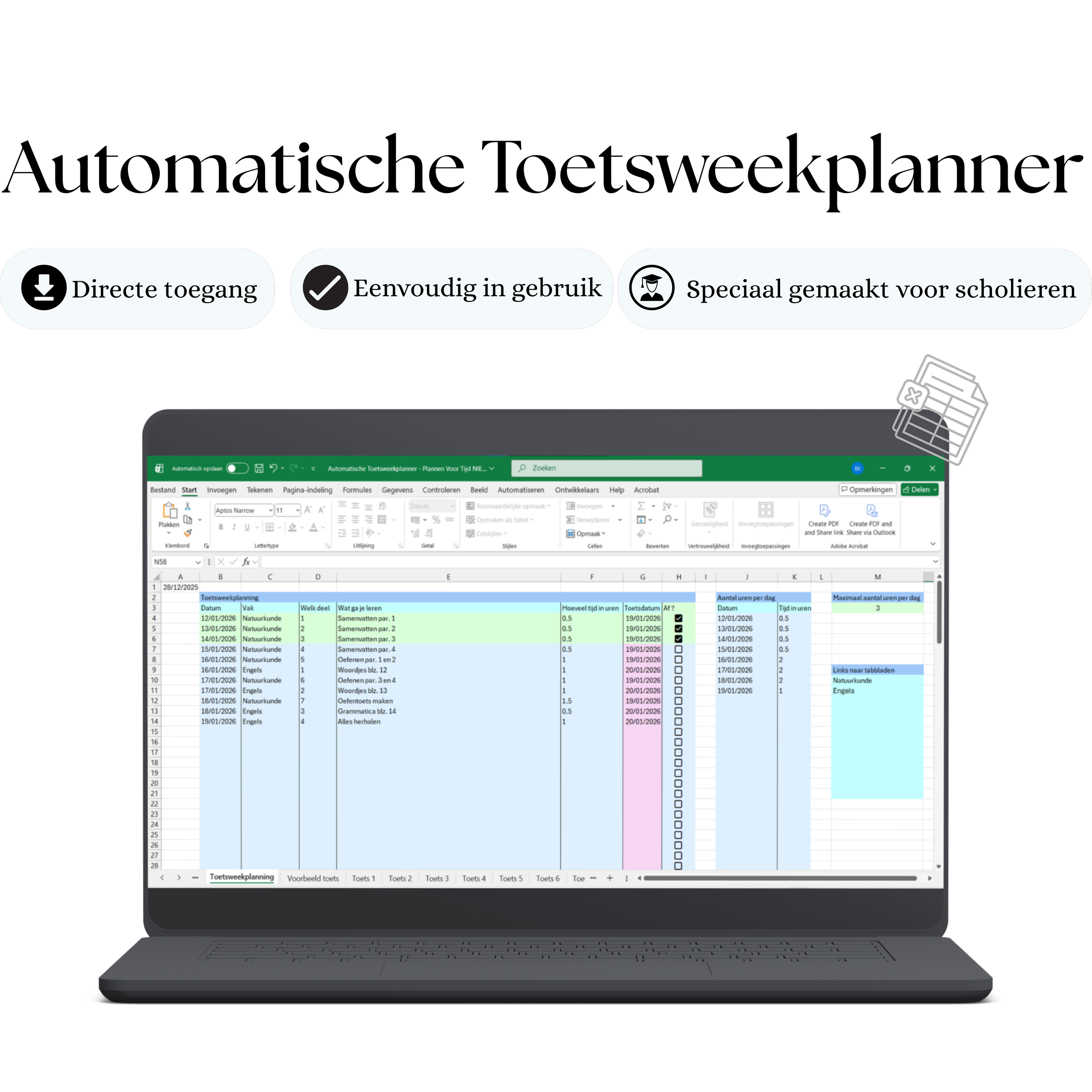 Automatische Toetsweekplanner voor middelbare scholieren. Directe toegang, eenvoudig in gebruik en speciaal gemaakt voor scholieren. Op de laptop staat de toetsweekplanning met het aantal uren per dag en een maximaal aantal uren.