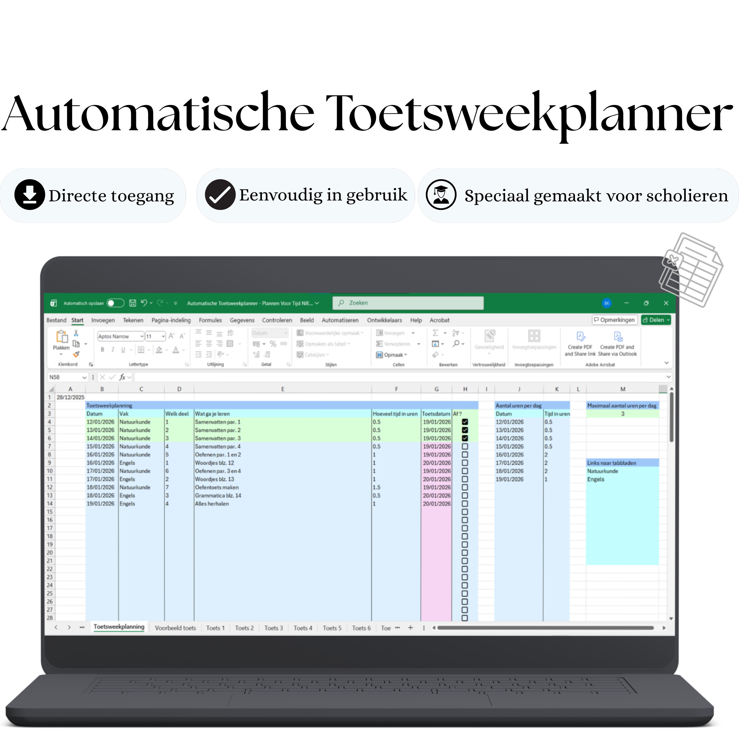 Automatische Toetsweekplanner voor middelbare scholieren. Directe toegang, eenvoudig in gebruik en speciaal gemaakt voor scholieren. Op de laptop staat de toetsweekplanning met het aantal uren per dag en een maximaal aantal uren.