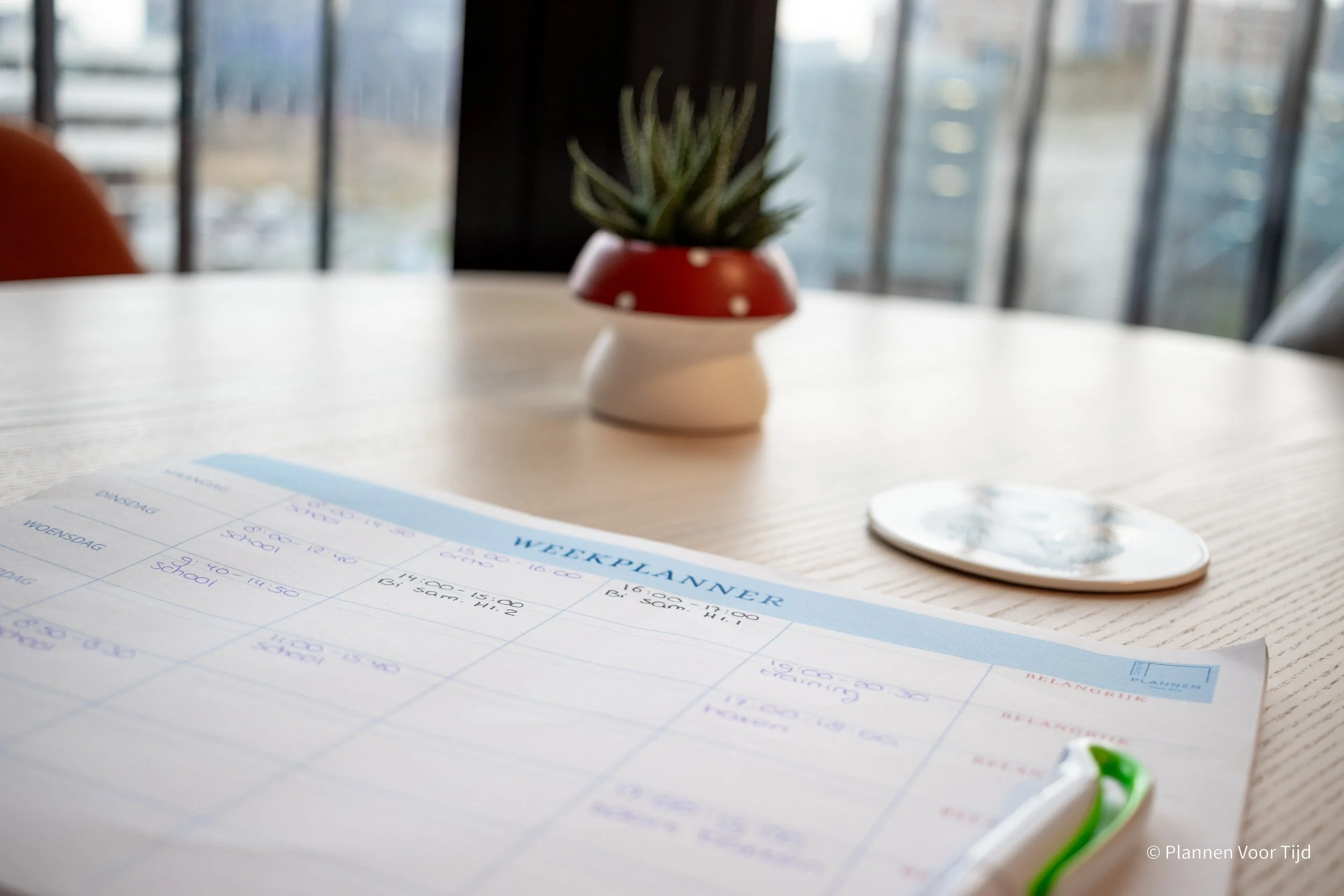 Een overzicht van een weekplanner met een pennenhouder en een beker met een plant op een witte tafel, met een raam op de achtergrond.