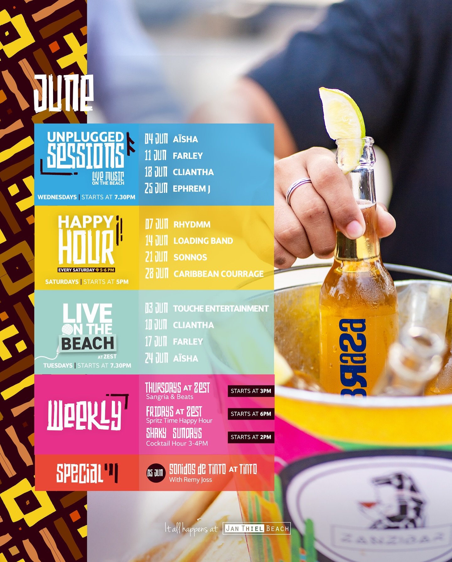 Get ready for an amazing June at &lsquo;Zanzibar&rsquo; &lsquo;Jan Thiel Beach&rsquo;! 🎶 From live music sessions to beach parties, every week is packed with good vibes, refreshing drinks and memorable moments. Join us for sunset hangs, Happy Hour a