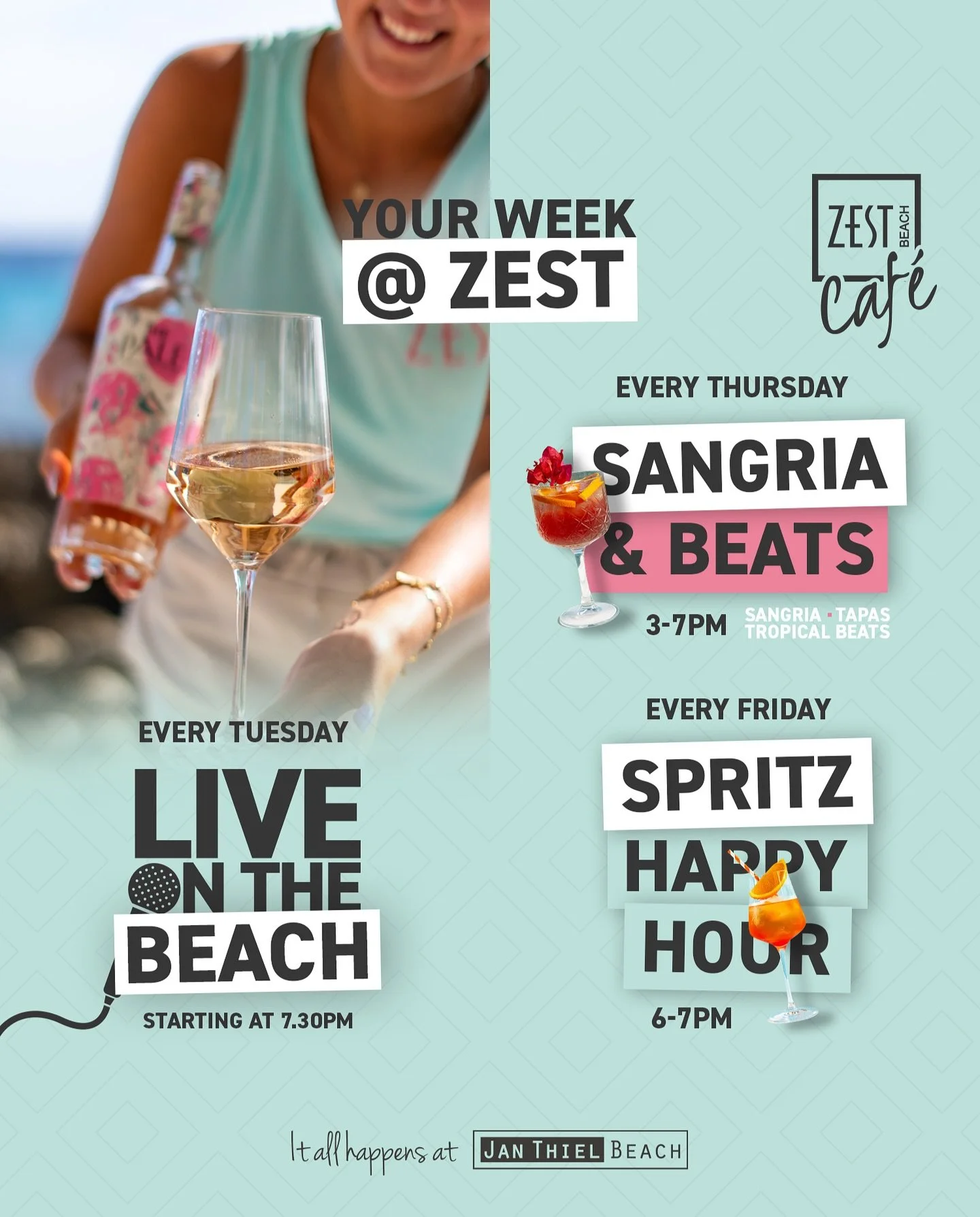 Who&rsquo;s down for beach drinks, music &amp; golden hour vibes at Zest? 

Live tunes on Tuesday, Tropical drinks on Thursday and Spritz moments you&rsquo;ll never forget about on Friday. 

You bring the energy &mdash; we&rsquo;ll do the rest.