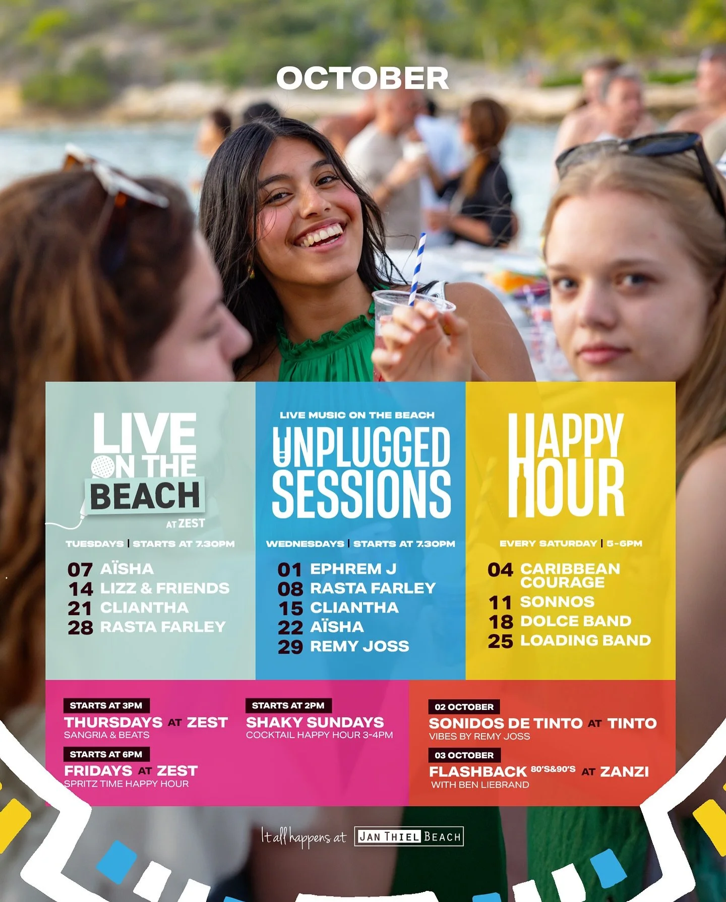 New month. Fresh tunes. Cold drinks. Endless sunsets.

This October, Jan Thiel Beach brings you a full calendar of music, happy hours and beach fun &mdash; every single week. 

See you there!