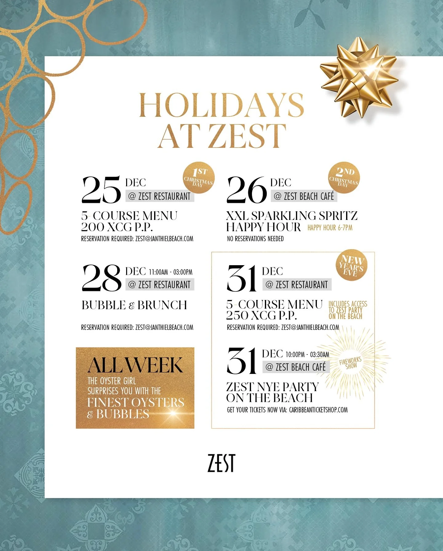 Craving something special this December?

Zest brings you an exclusive 5-course dinner, XXL SPARKLING Spritz Happy Hour, A Bubble &amp; Brunch, THE New Years Eve Party of the year and all week long the finest oysters &amp; bubbles.

Spots are limited