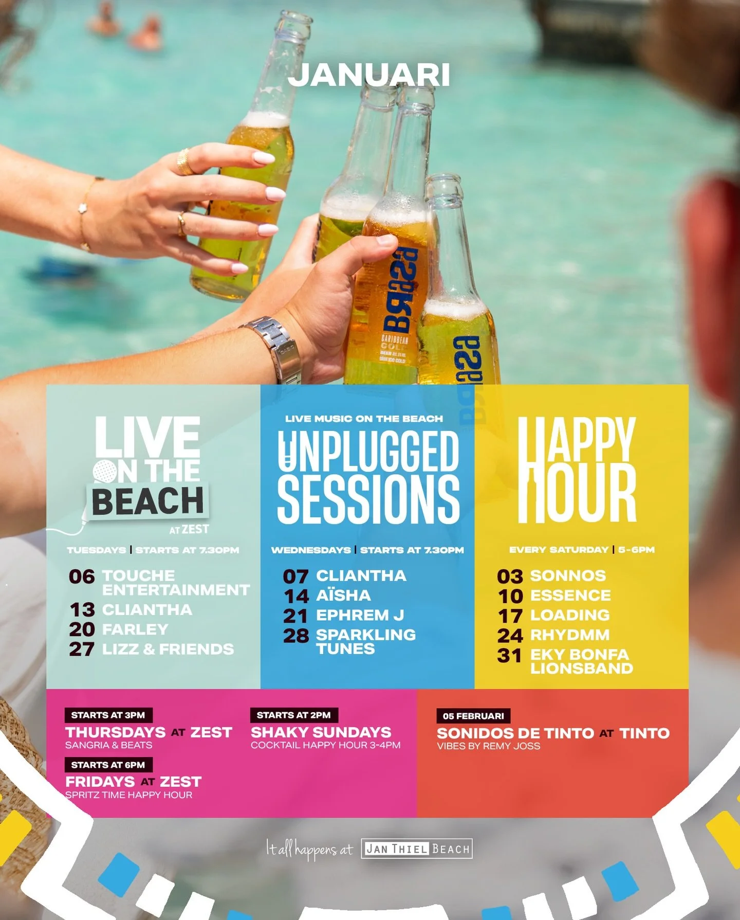 New month. Fresh tunes. Cold drinks. Endless sunsets.

This month, Jan Thiel Beach brings you a full calendar of music, happy hours and beach fun, every single week. 

Let&rsquo;s make memories at our Zanzibar Happy Hours, Live sessions on the beach 