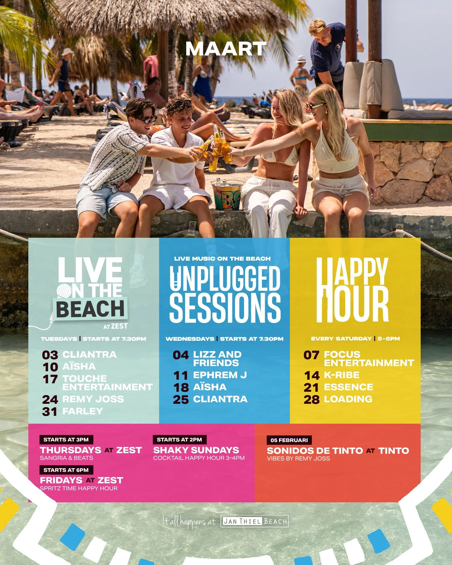New month. Fresh tunes. Cold drinks. Endless sunsets. This month, Jan Thiel Beach brings you a full calendar of music, happy hours and beach fun, every single week. 

Let&rsquo;s make memories at our Zanzibar Happy Hours, Live sessions on the beach a
