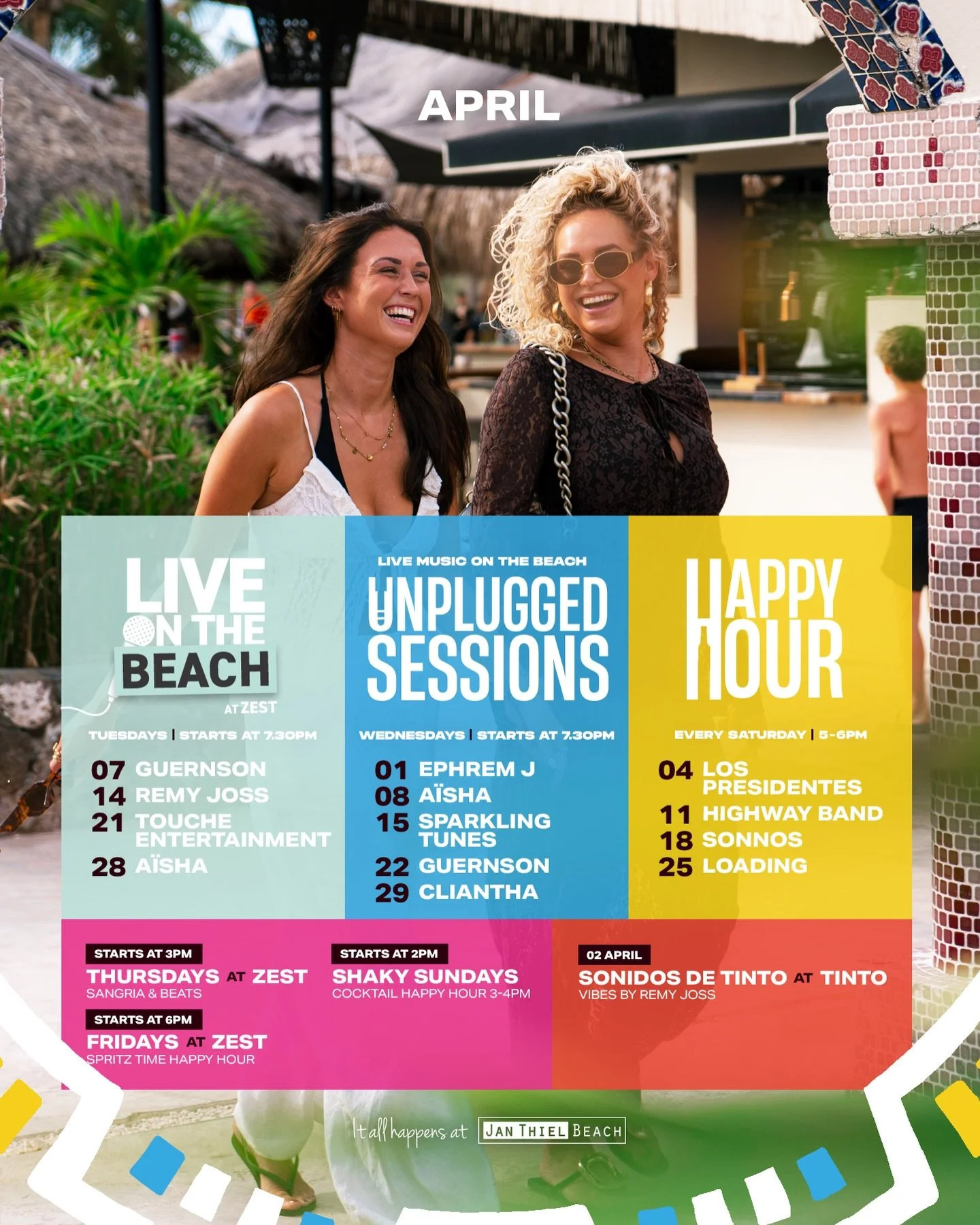 New month. Fresh tunes. Cold drinks. Endless sunsets. This month, Jan Thiel Beach brings you a full calendar of music, happy hours and beach fun, every single week.
Let&rsquo;s make memories at our Zanzibar Happy Hours, Live sessions on the beach at 