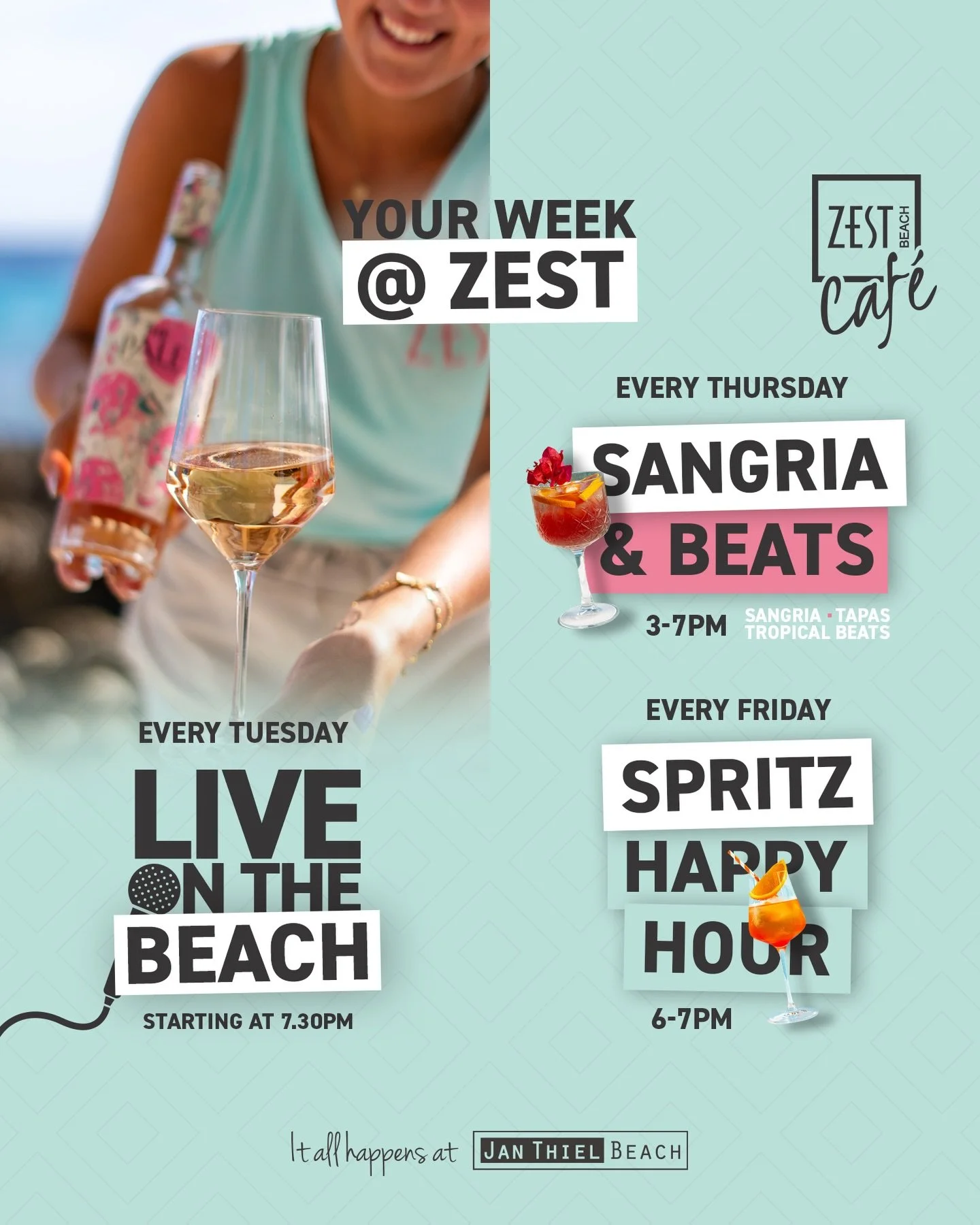 Who&rsquo;s down for beach drinks, music &amp; golden hour vibes at Zest? 

Live tunes on Tuesday, Tropical drinks on Thursday and Spritz moments you&rsquo;ll never forget about on Friday. 

You bring the energy &mdash; we&rsquo;ll do the rest.