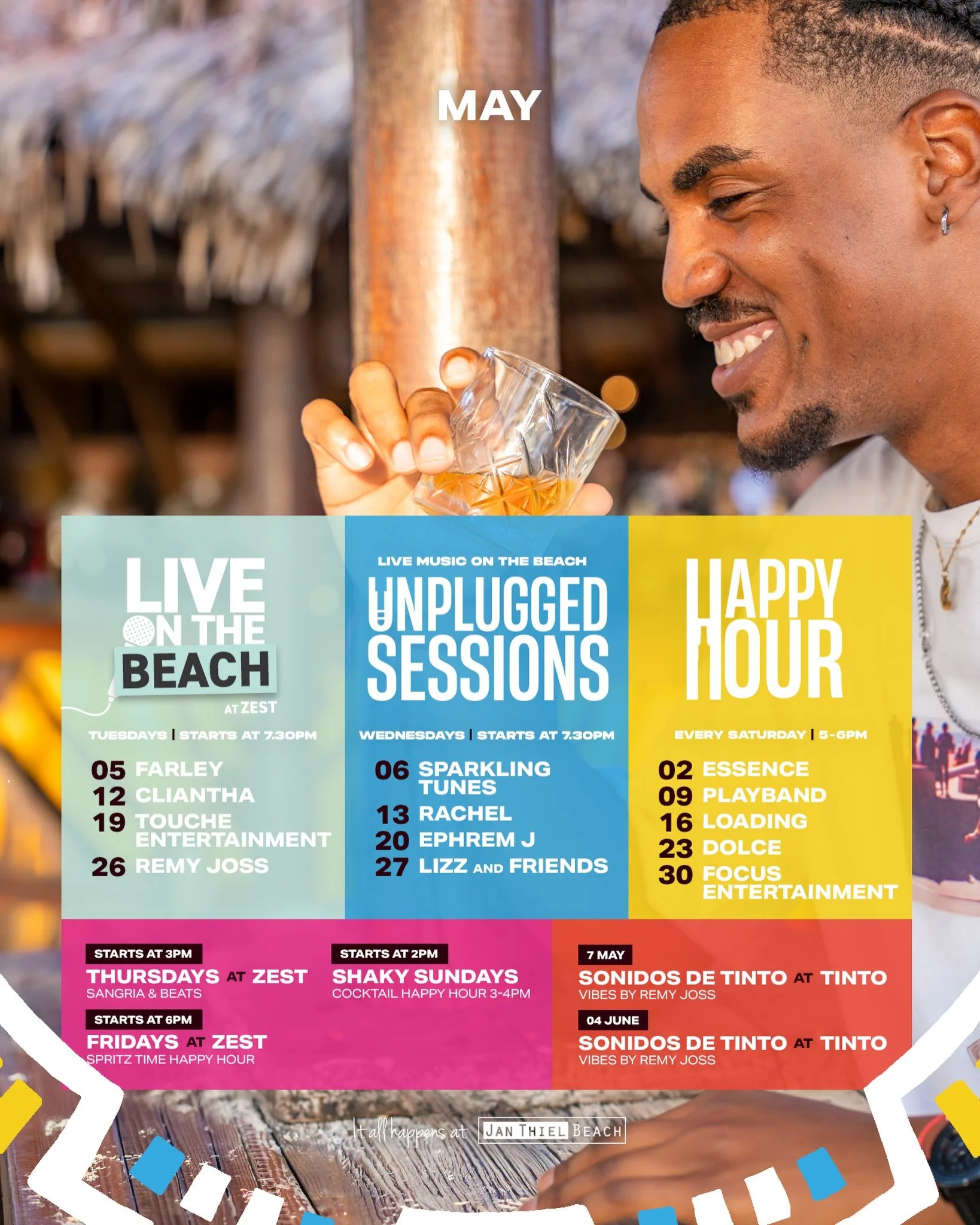Don&rsquo;t stop till you get enough! New month. Fresh tunes. Cold drinks. Endless sunsets. This month, Jan Thiel Beach brings you a full calendar of music, happy hours and beach fun, every single week.
Let&rsquo;s make memories at our Zanzibar Happy