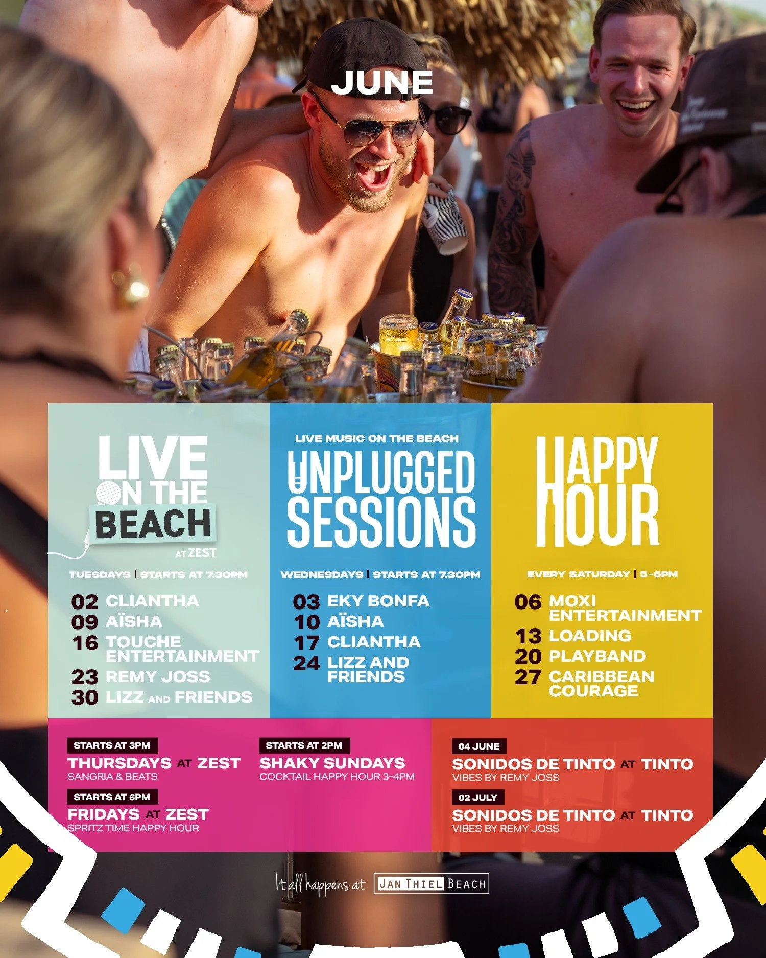 Get ready for an amazing July at 'Zanzibar' 'Jan Thiel Beach'! 🎶 From live music sessions to beach parties, every week is packed with good vibes, refreshing drinks, and memorable moments. Join us for sunset hangs, Happy Hour, and endless fun by the 
