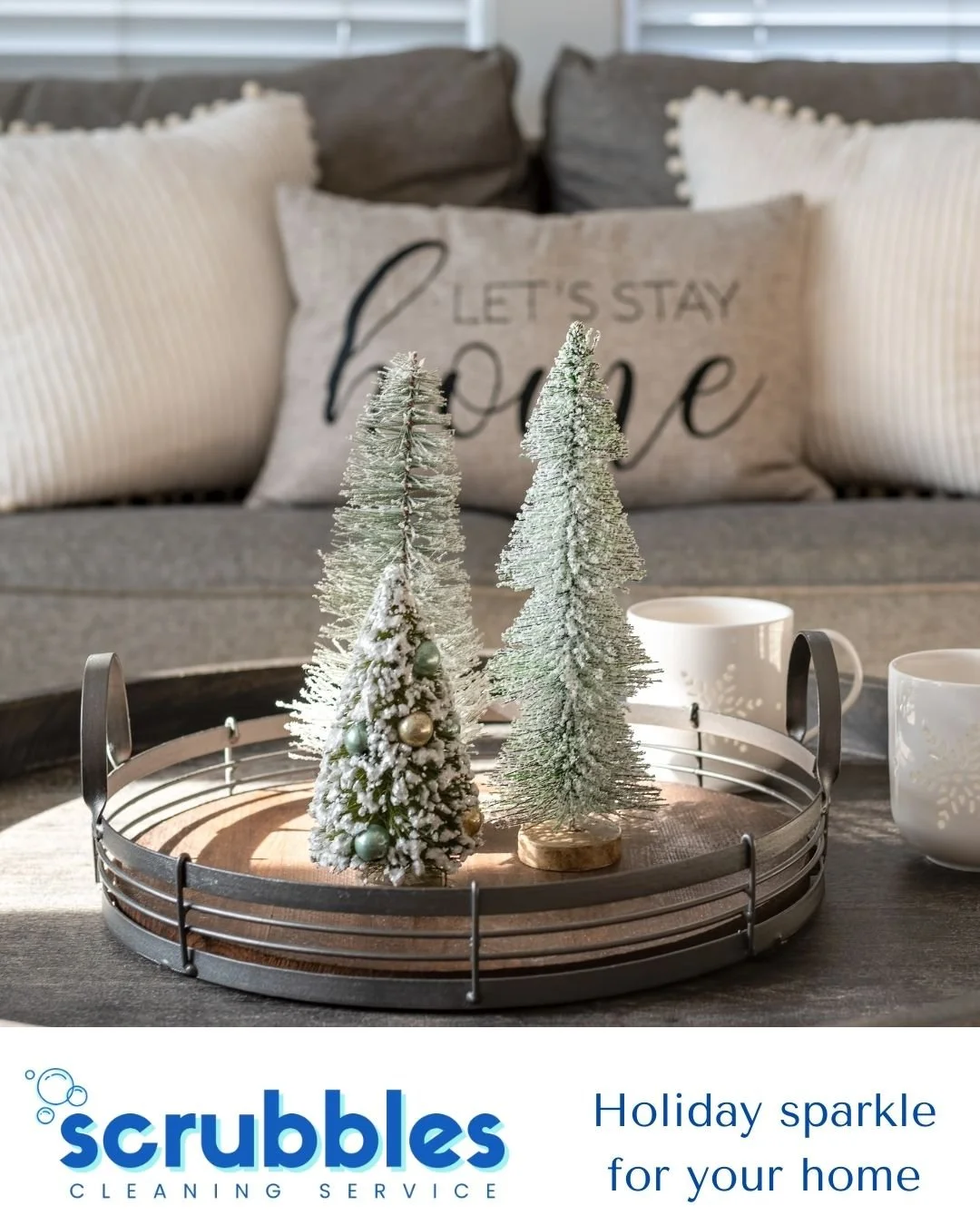 Cozy frosted trees holiday coffee table living room