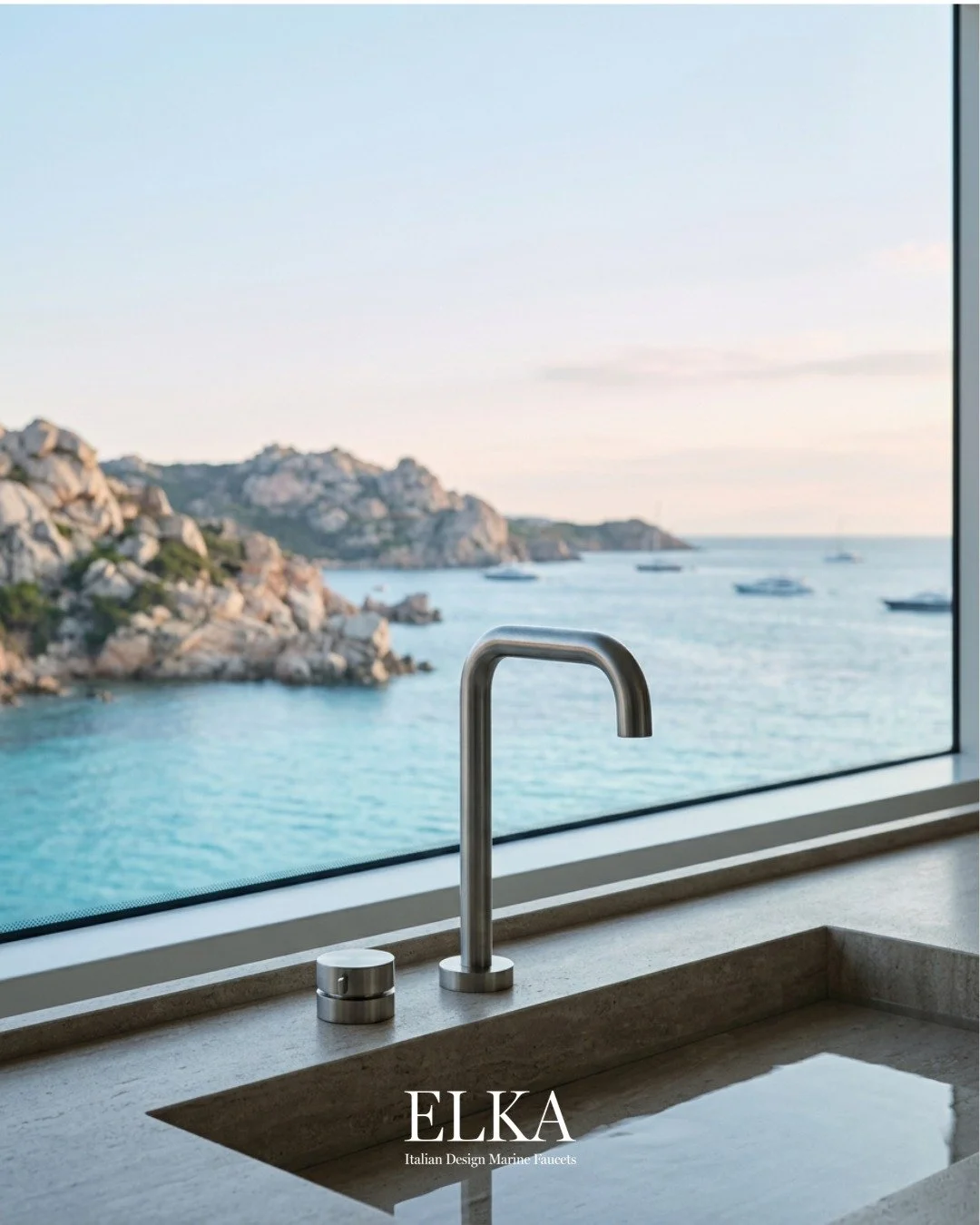 Steel against the granite of Porto Cervo. Olas traces a clean, sculptural line above the basin &mdash; brushed AISI 316, built to face salt and time. The sea, framed. The detail, essential.

#elkadesign  #olas  #yachtdesign  #italiandesignmarinefauce