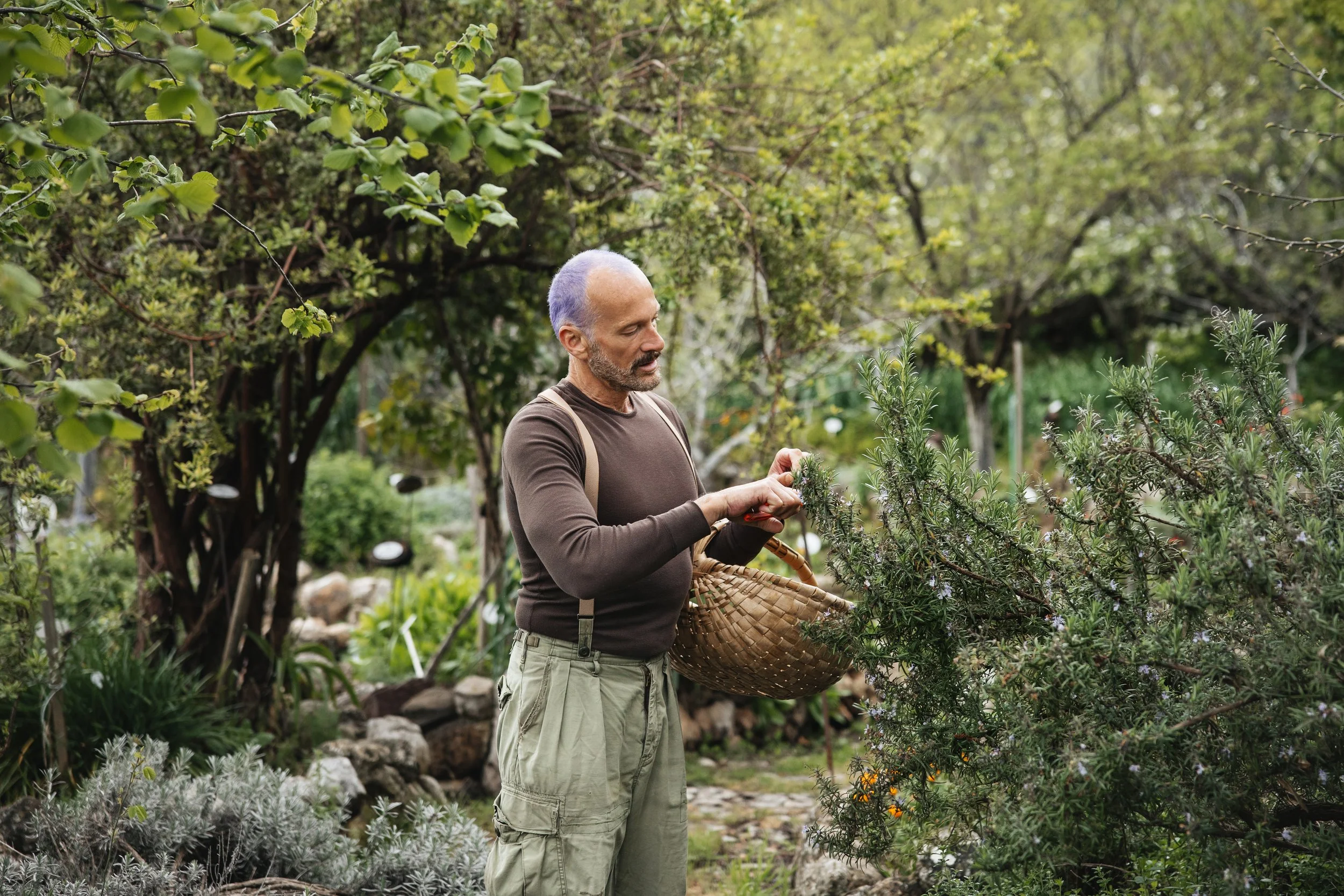 A woman with dark hair, wearing glasses and a black sweater, is gardening in a lush outdoor garden. She holds a basket and is tending to a bush with white flowers, surrounded by various plants and rocks.
