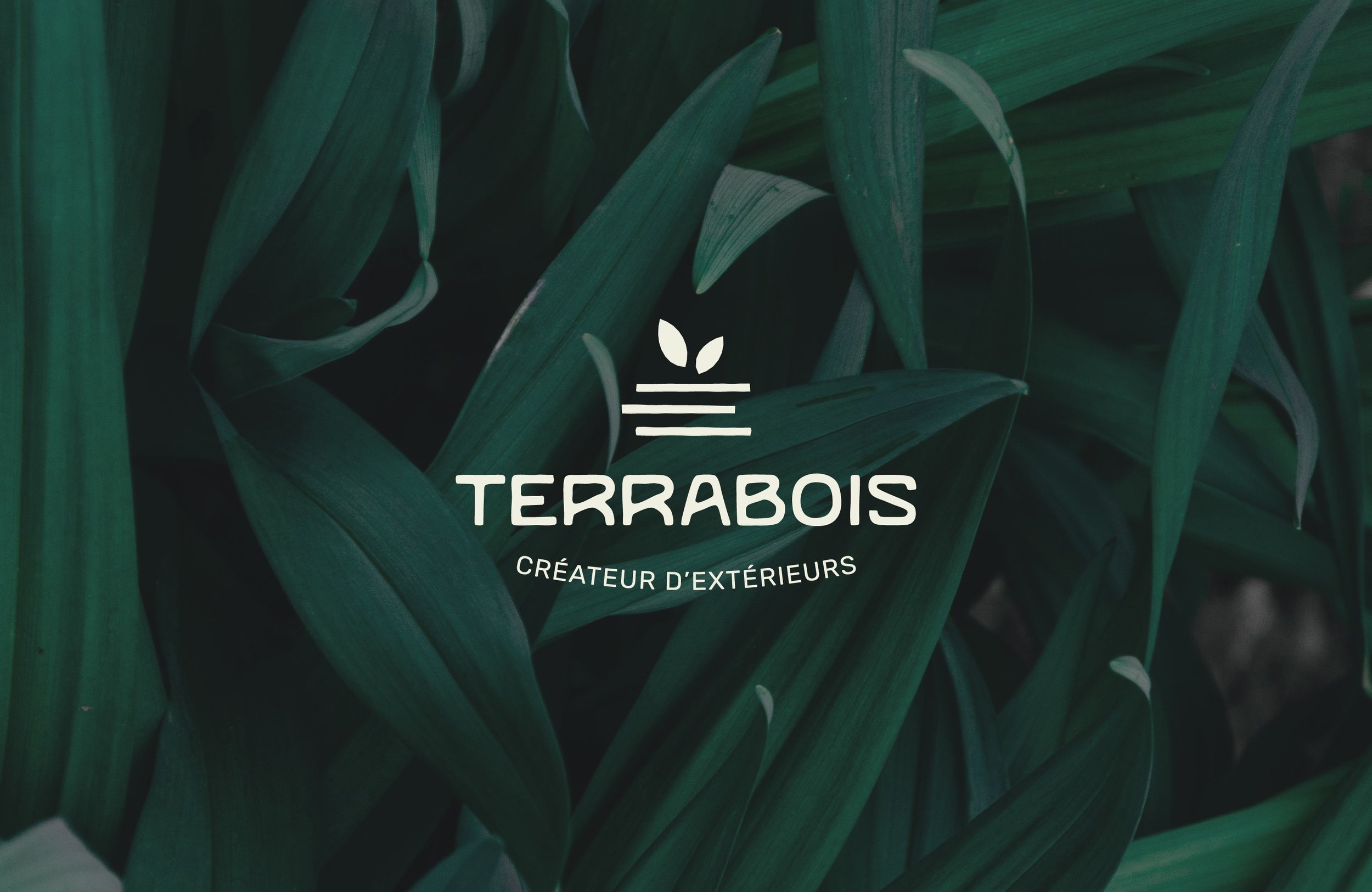 Logo de Terrebos avec une icône de feuille stylisée et le texte 'TERRABOIS CREATEUR D'EXTERIEURS' sur un fond de feuilles vertes