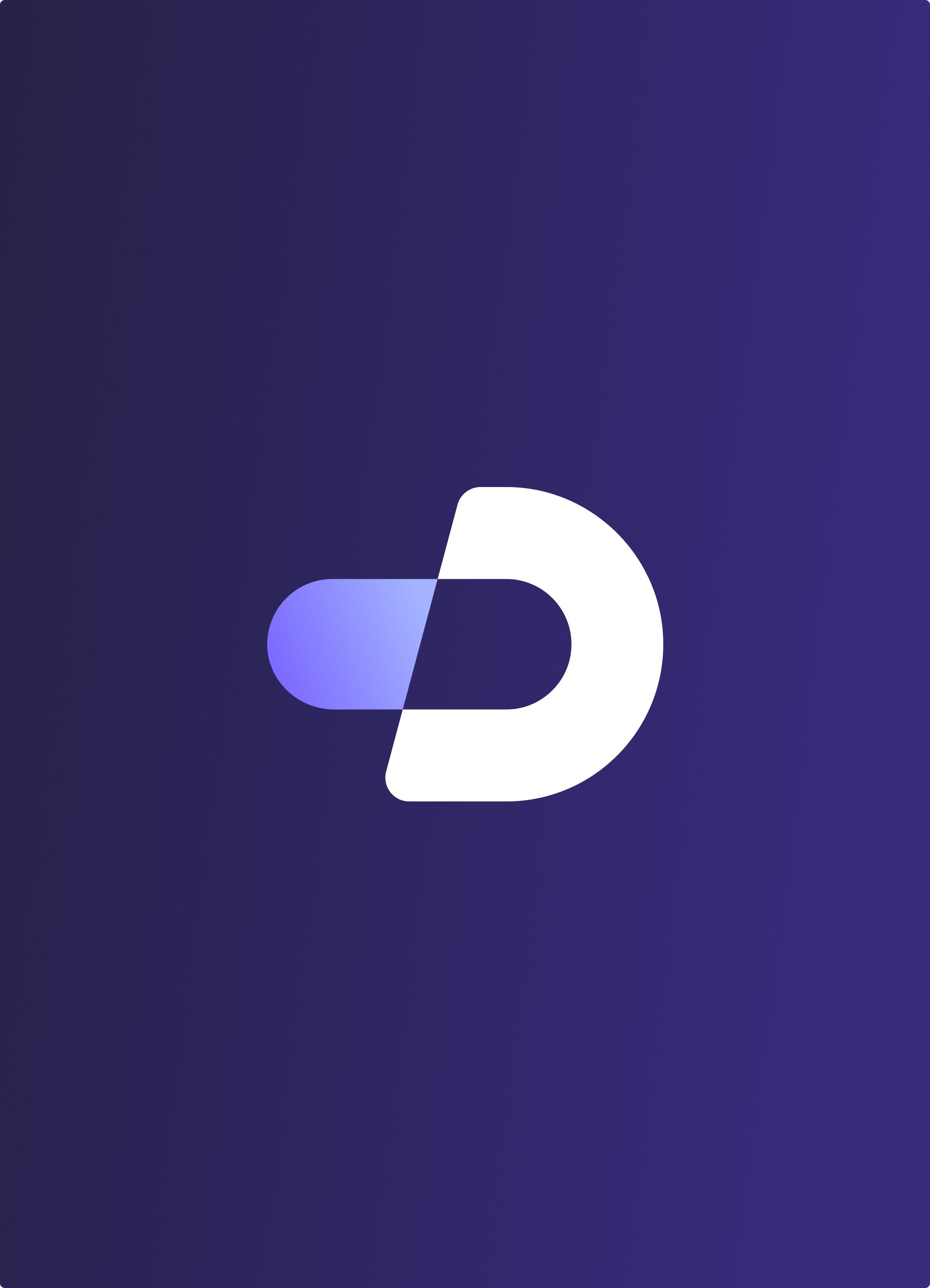 Logo avec une forme de D en blanc et une forme de capsule en violet sur un fond dégradé violet foncé.