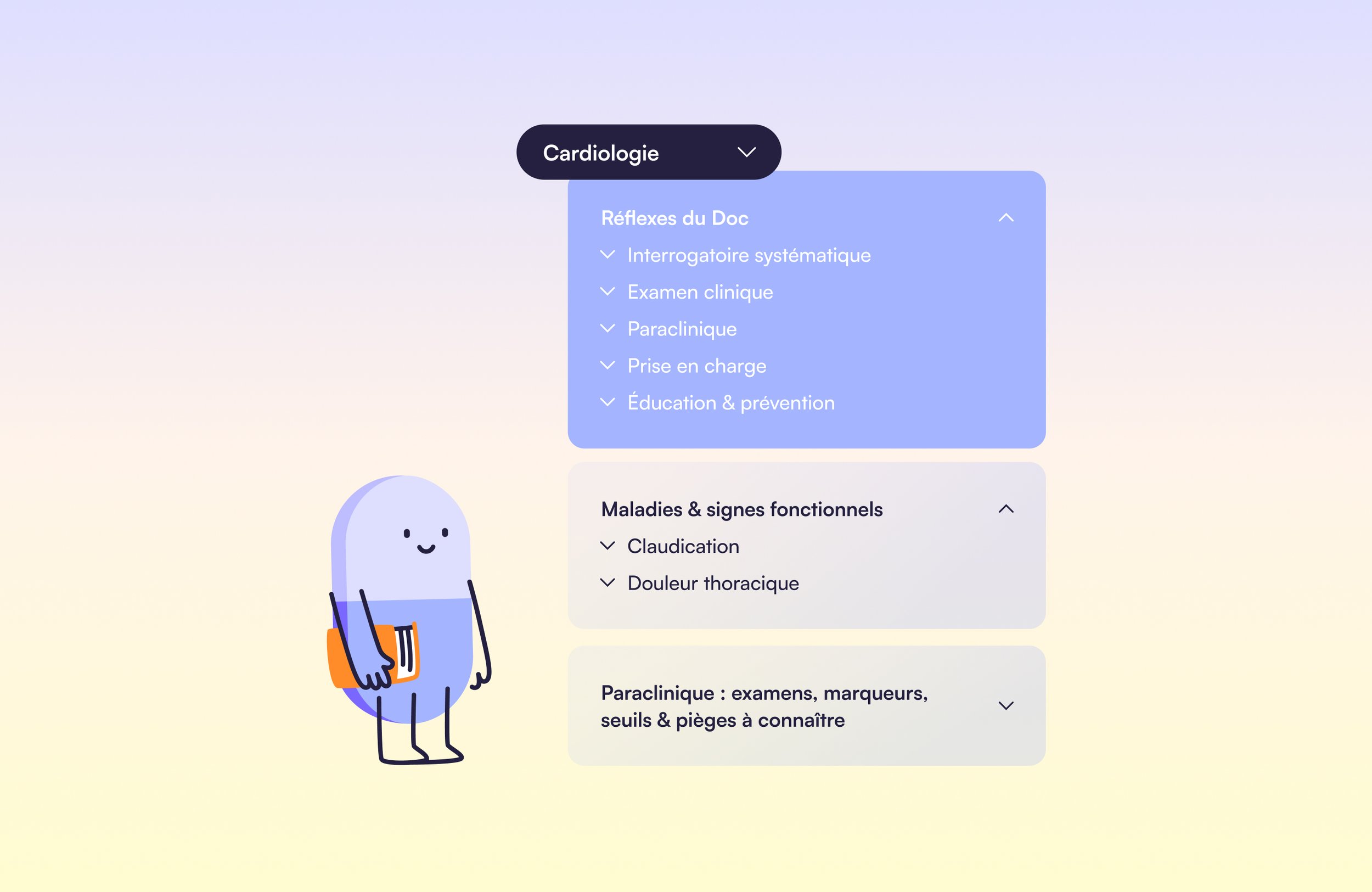 Page web éducative sur la cardiologie avec menu déroulant, section Réflexes du Doc, sous-section Maladies & signes fonctionnels, illustration d'un personnage cartoon avec un carnet à la main.