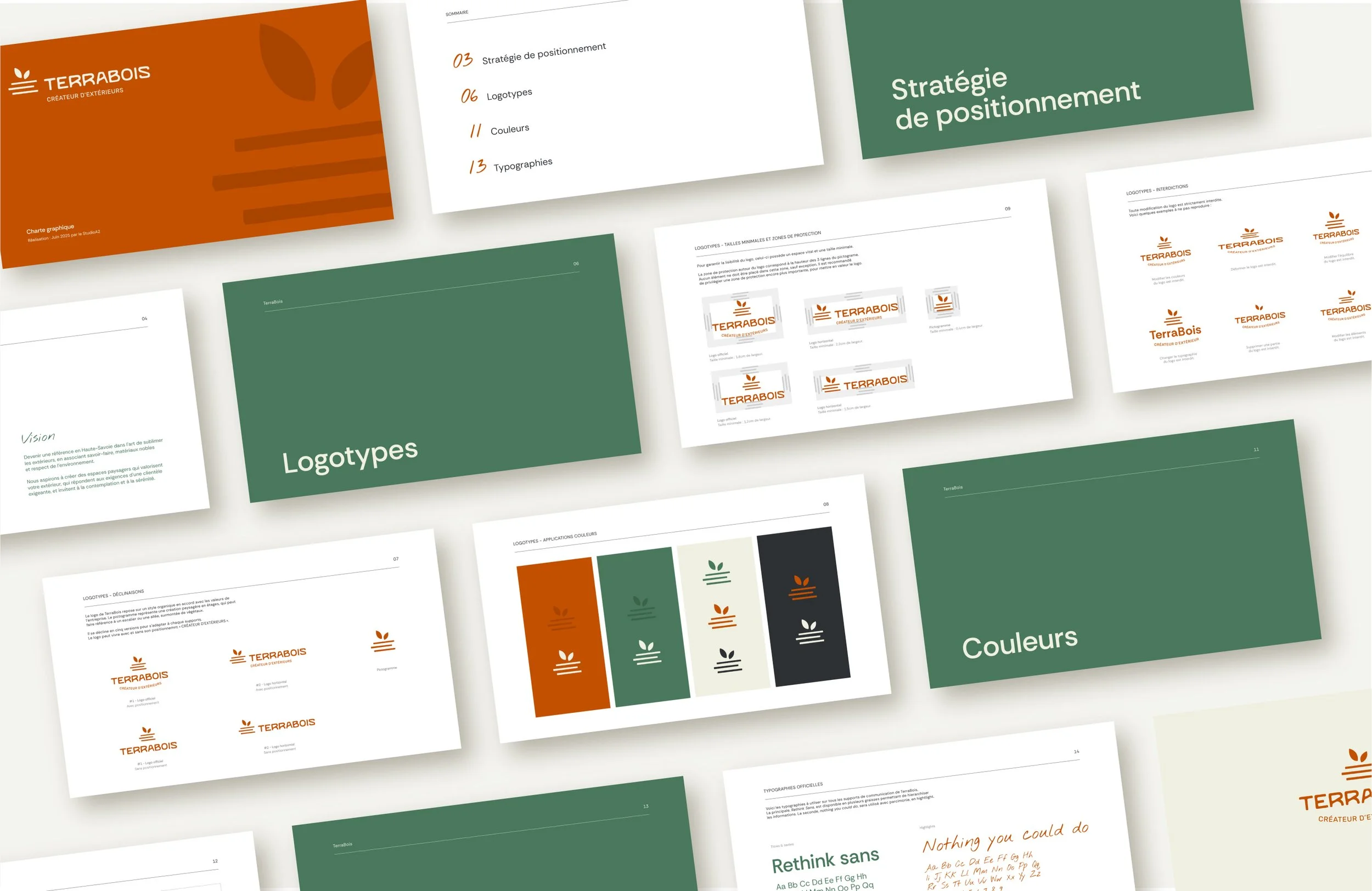 Présentation de la charte graphique de la marque Terrabois, incluant logo, couleurs, typographies et stratégies de positionnement.