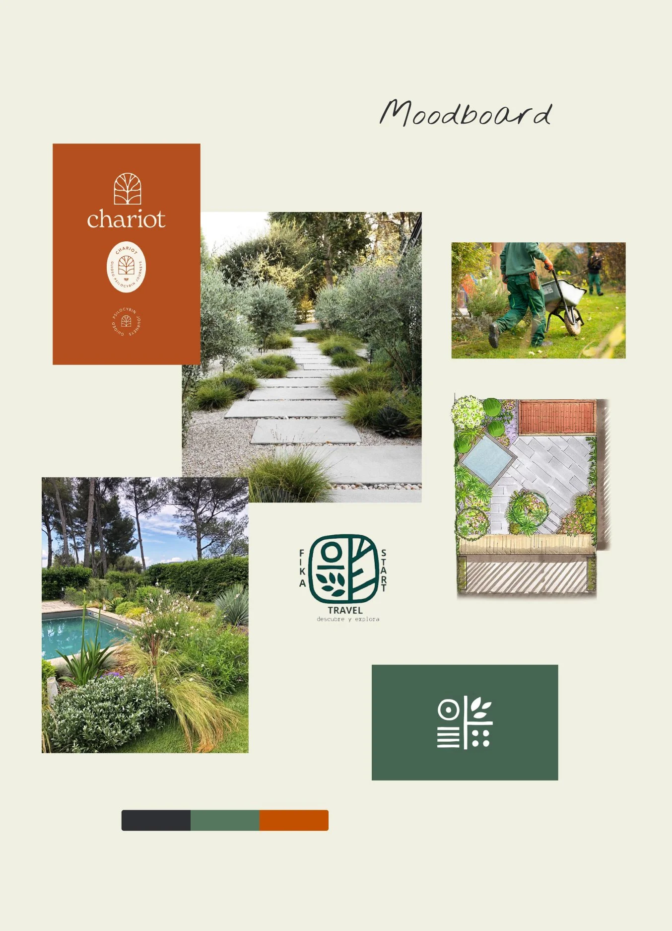 Moodboard de design paysager avec images de jardins, plans, logo et palette de couleurs