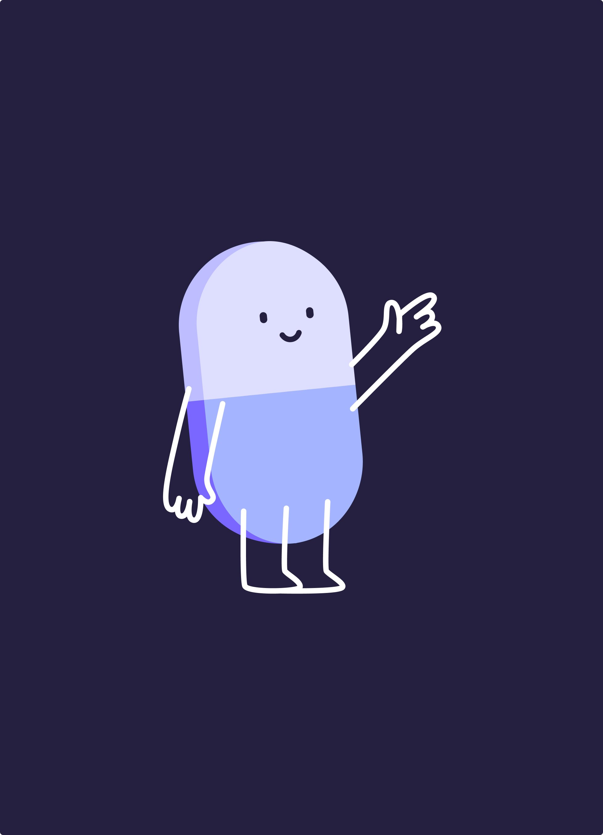 Illustration d'un personnage de style dessin animé en forme de capsule avec un visage souriant, levant une main et étant de couleur bleue claire sur fond violet foncé.