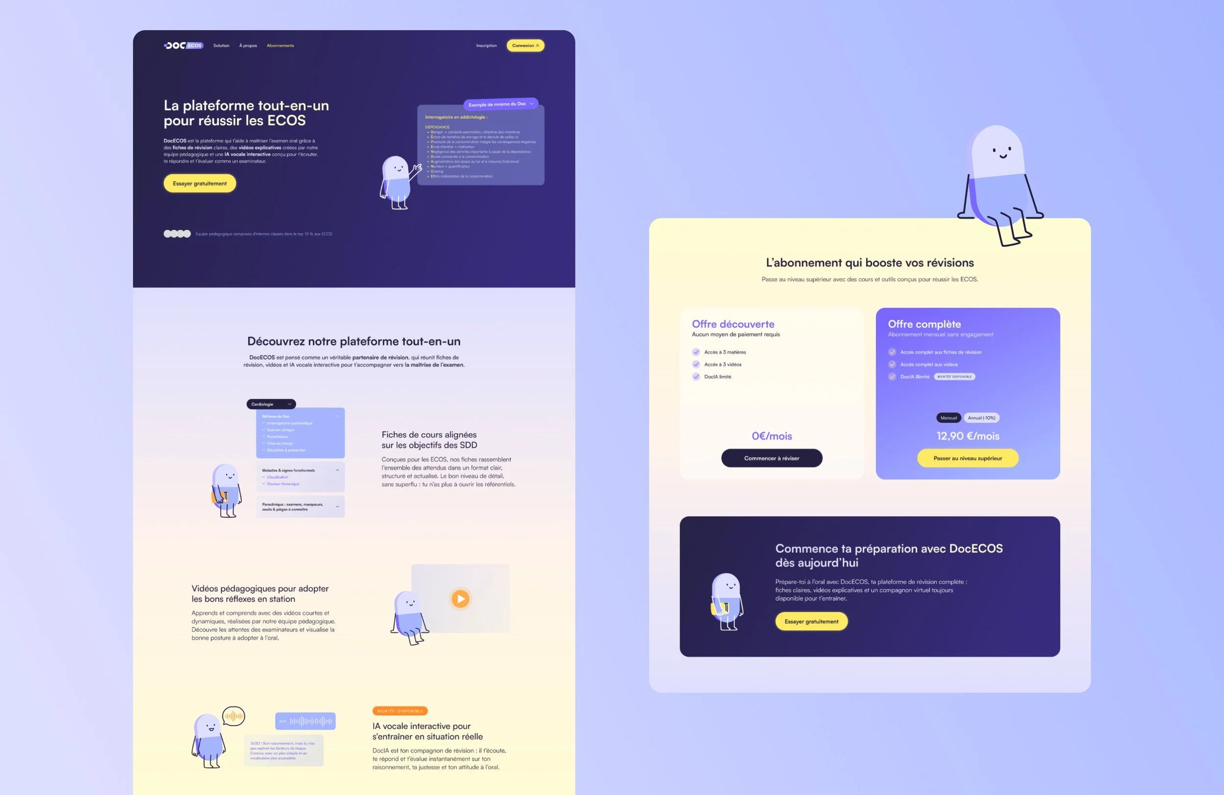 Pages Web de la plateforme DocECOS, avec sections sur l'offre de révision, fonctionnalités, abonnements, et illustrations de personnage robot. Design coloré avec violet, jaune, et bleu pastel.