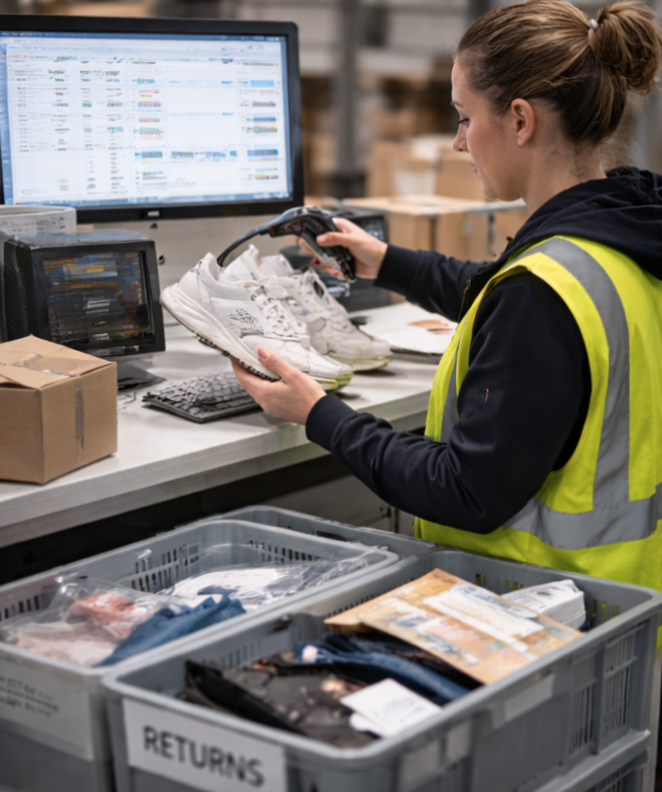 The back of a yellow delivery van filled with cardboard boxes and packages, with a person sorting or stacking boxes inside.
