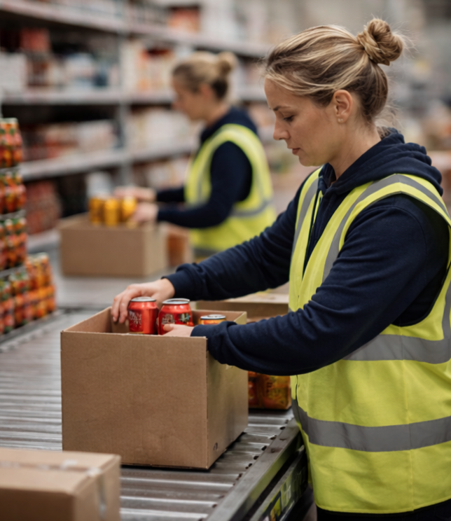 Store aisle with shelves stocked with beer and alcohol in cans and bottles.