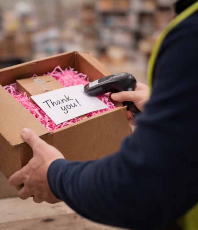 Two wrapped Christmas presents with red and white twine, small green pine branches, and a light dusting of snow or flour, one with a 'FRAGILE' stamp on brown paper.