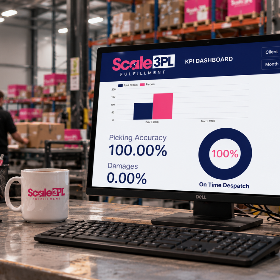 Computer monitor displaying a KPI dashboard for Scale3PL with graphs and metrics, a mug with the same logo, and a keyboard on a desk in a warehouse setting with shelves of boxes in the background.
