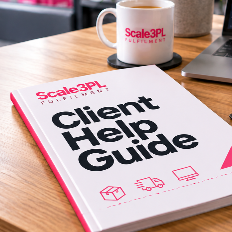 A client help guide booklet with the title in large black text and the company logo "Scale3PL Fulfillment" in pink on a white cover, placed on a wooden desk next to a mug with the same logo, a laptop, and a plant.
