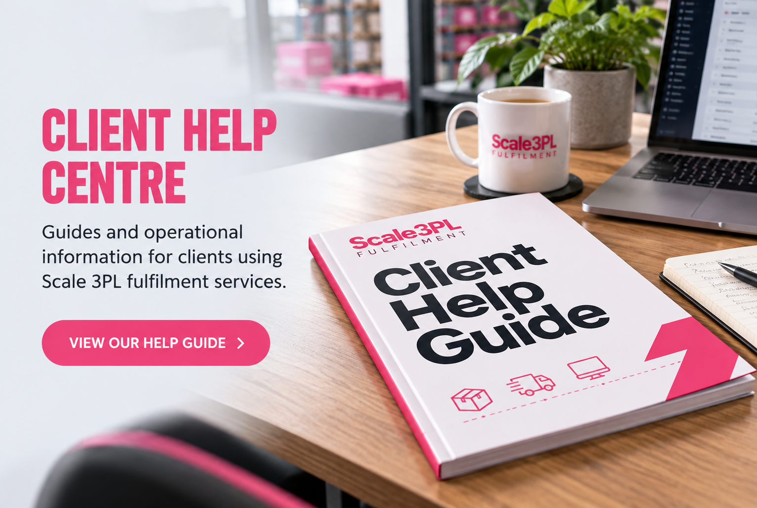 A desk with a booklet titled 'Client Help Guide', a coffee mug branded 'Scale3PL Fulfillment', a laptop, a notebook with a pen, and a plant on it. The background includes a blurred office environment and the text 'CLIENT HELP CENTRE. Guides and operational information for clients using Scale 3PL fulfillment services. View our help guide'.