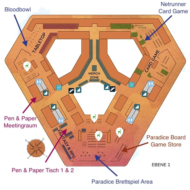 Übersichtsplan eines Veranstaltungsgeländes mit Bereichen für Bloodbowl, Pen & Paper Meetingraum, Pen & Paper Tisch 1 & 2, Paradise Brettspiel Area, Paradise Board Game Store, Netrunner Card Game, Card Game und weitere Info-Icons.