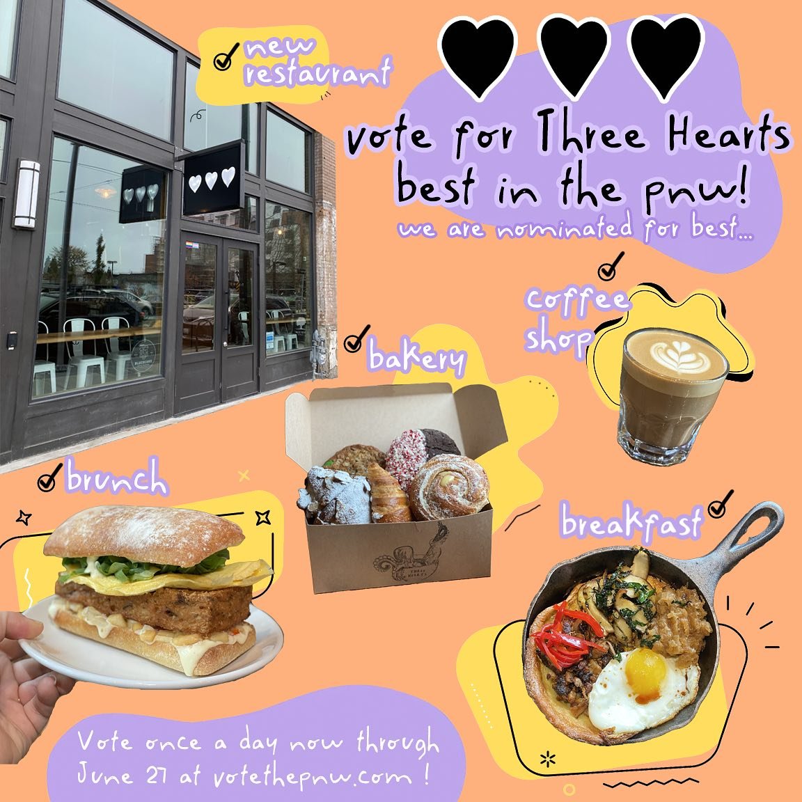Hi Three Hearts friends and fam! We&rsquo;ve been nominated for best of PNW this year in five categories! Show us some love in the polls if you&rsquo;re so inclined. You can vote once daily (in as many categories as you like) up until June 27. Vote a