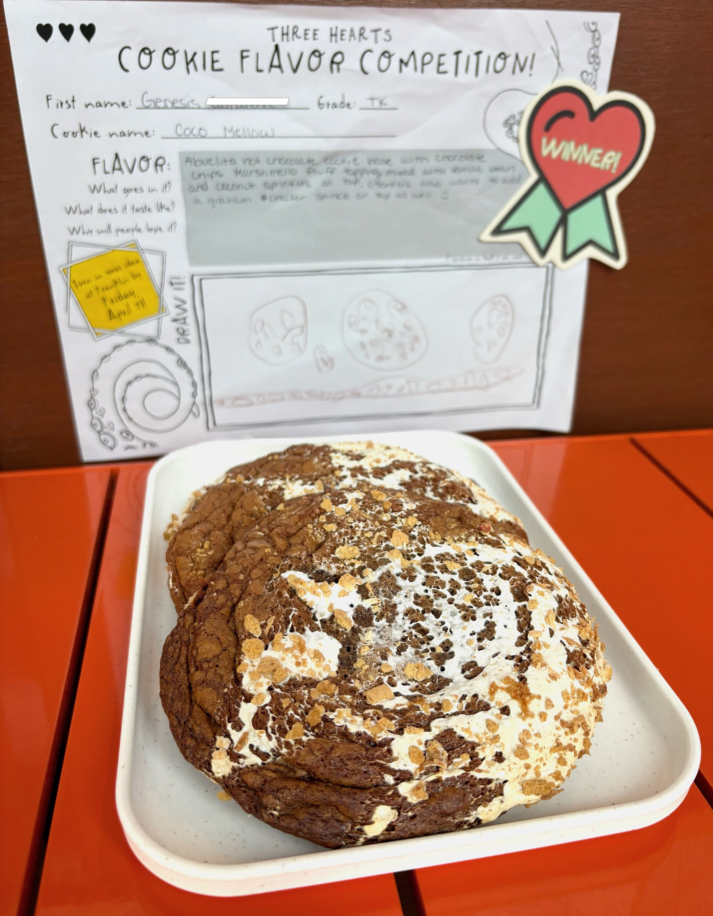 Introducing&hellip; the COCO MELLOW! 🤎🤍🧡

Our first of the two Cookie Competition winners, dreamed up by Genesis from the TK class at Franklin Elementary and brought to life by @capt_radiance and our stellar bakers. The Coco Mellow is an abuelita 