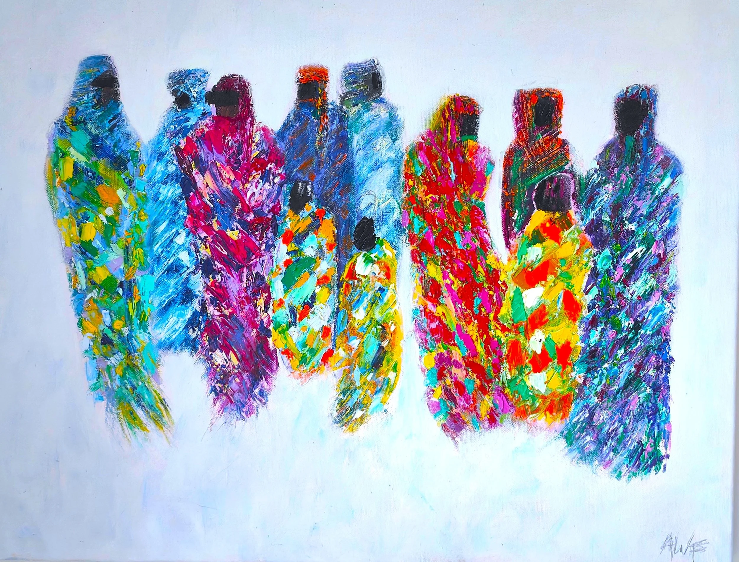 Colorful abstract painting of a group of eleven women, including children, dressed in vibrant traditional clothing, standing together against a pale background.