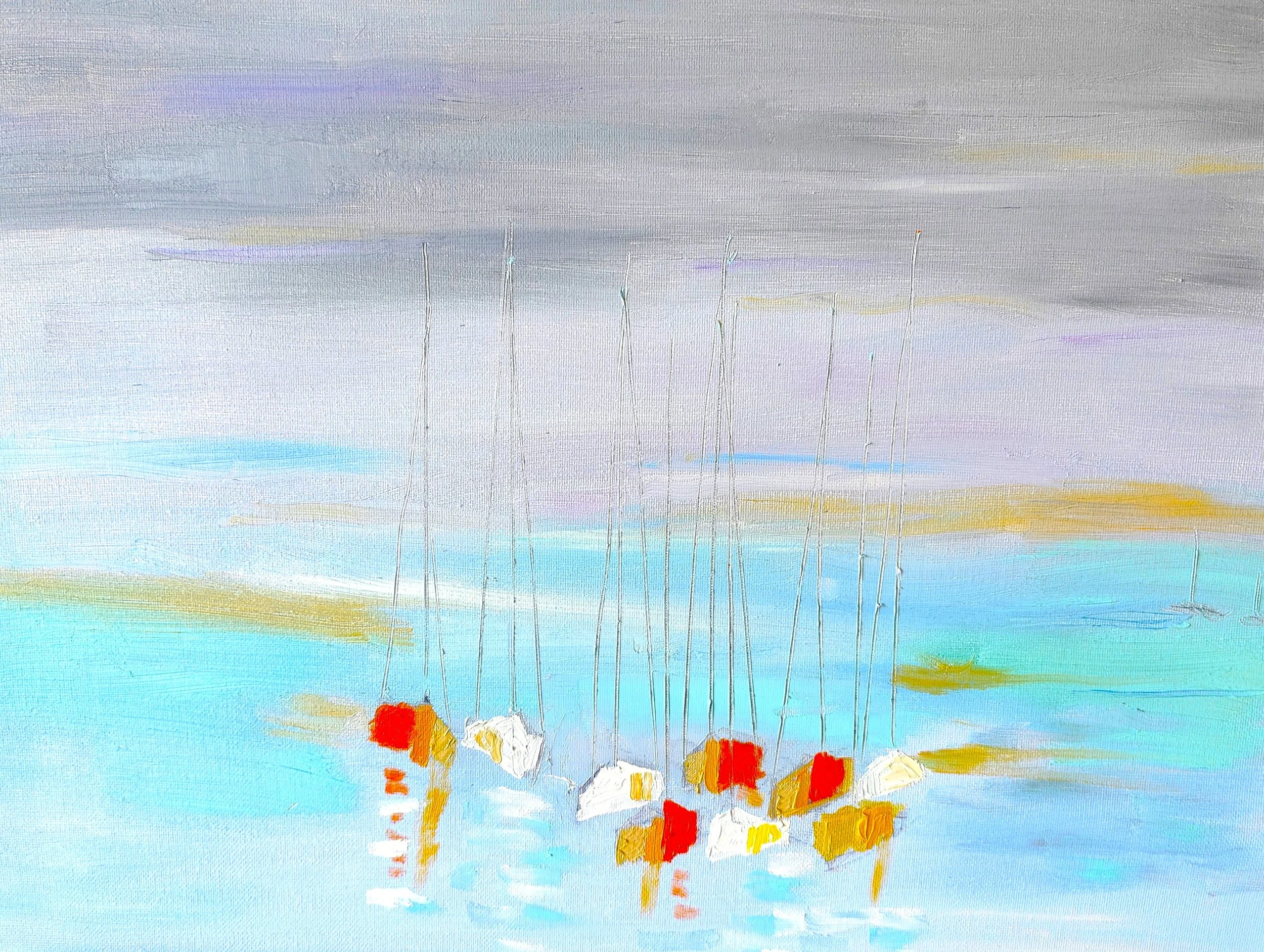 An abstract painting of sailboats on water with a cloudy sky, using soft pastel colors with hints of red, white, and gold.