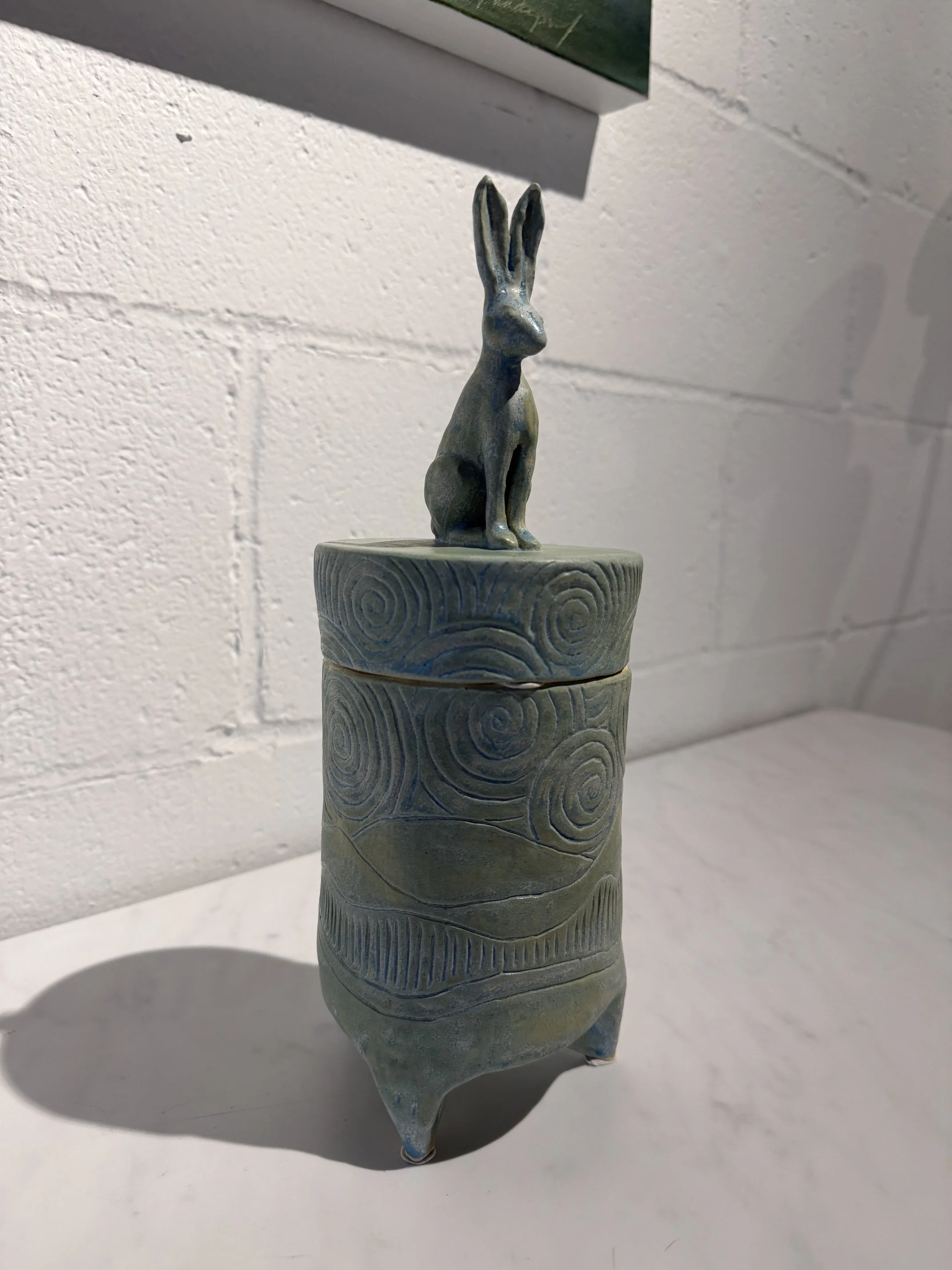 rabbit sgraffito ceramic lidded vessel