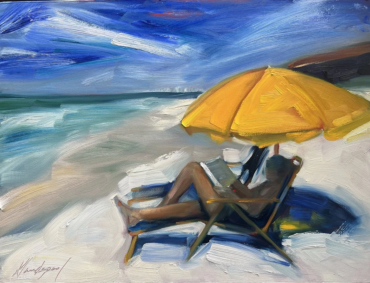 Figure under a yellow umbrella sitting on a beach by Karen Vanderpool-Haerle. Sheltered in Sunlight