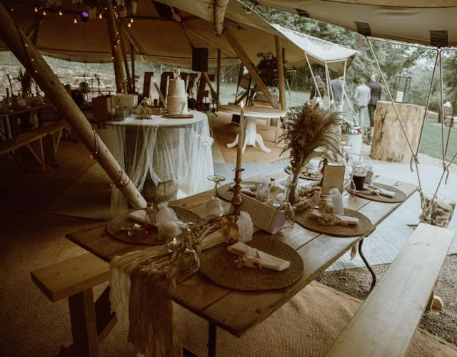 Rustic wedding reception setup with wooden tables, decorative dried plants, table settings, and a fabric-draped serving table under a canopy tent in an outdoor setting.