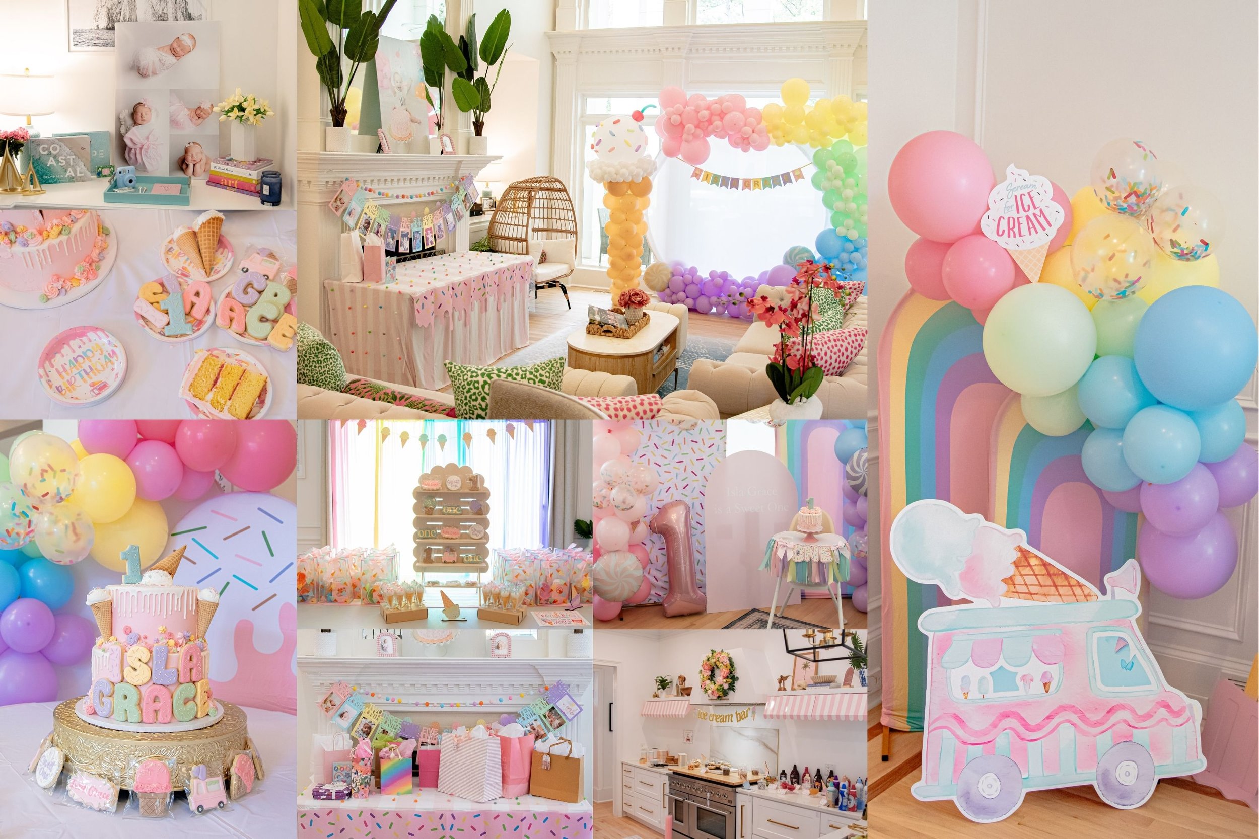 Photo collage of the ice cream bar, toppings, and dessert stand from Isla Grace's sweet one birthday