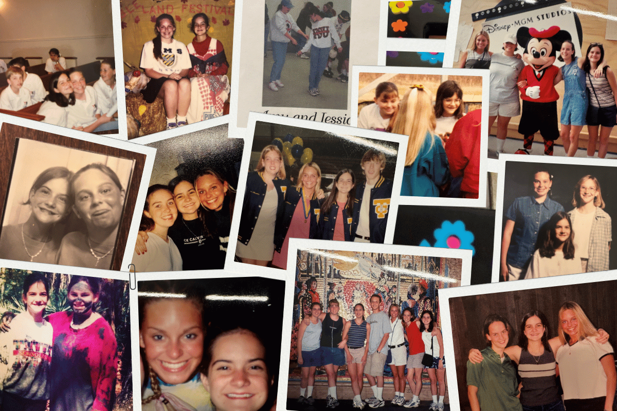 A scattered collage of old childhood photos showing friends together through the years.