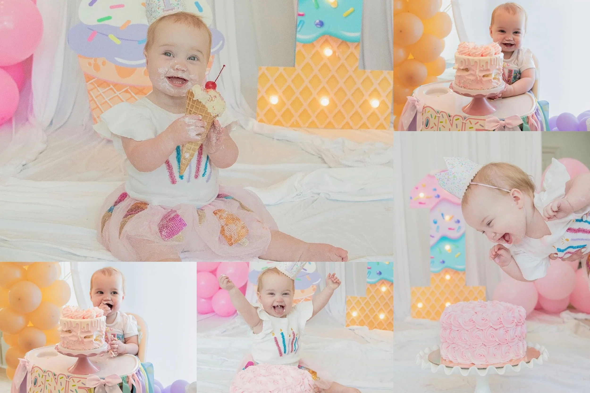 Photo collage of Isla Grace's cake smash and ice cream cone moments from her sweet one birthday