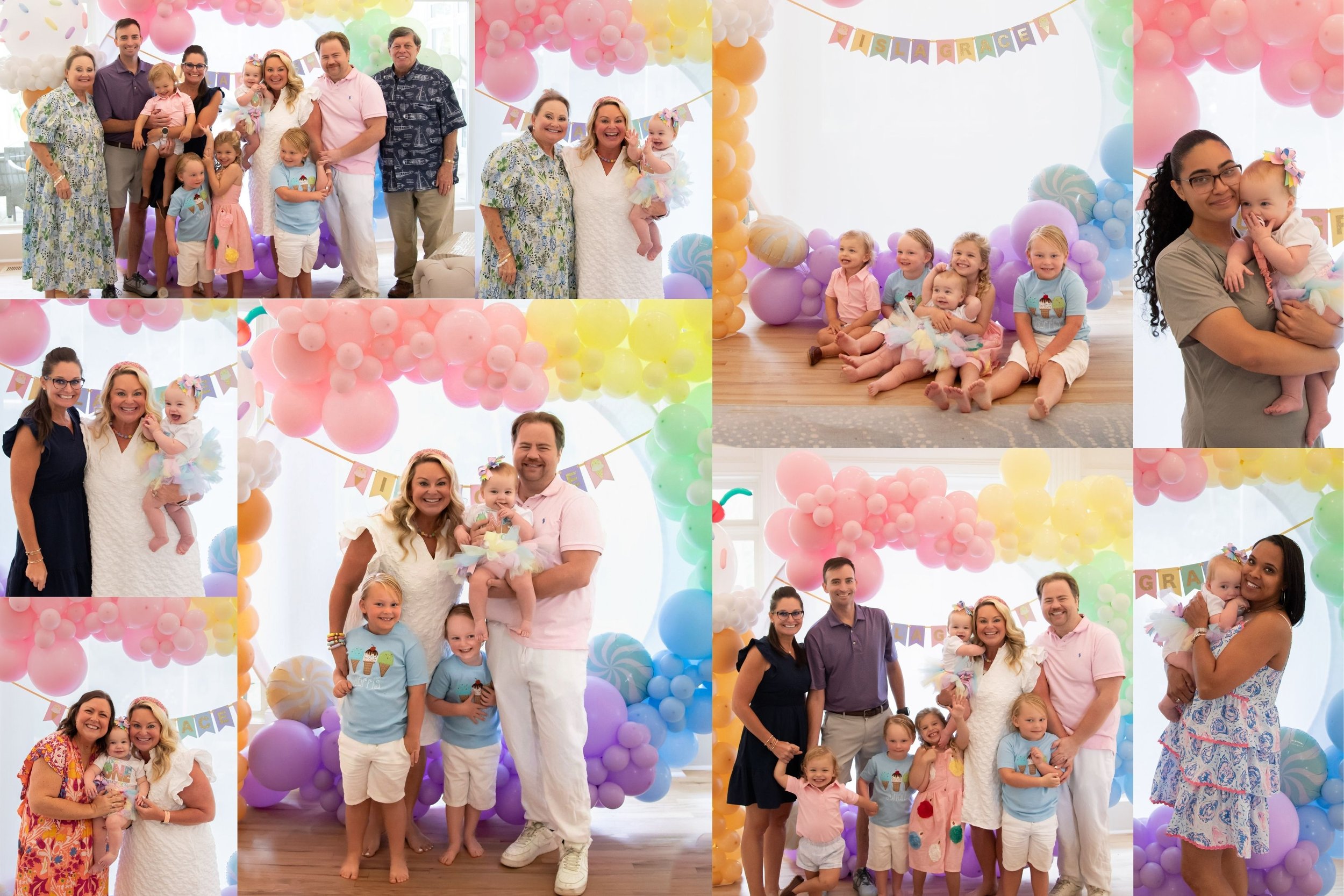 Photo collage of Amy Boland Hauser with family and friends celebrating Isla Grace's sweet one birthday