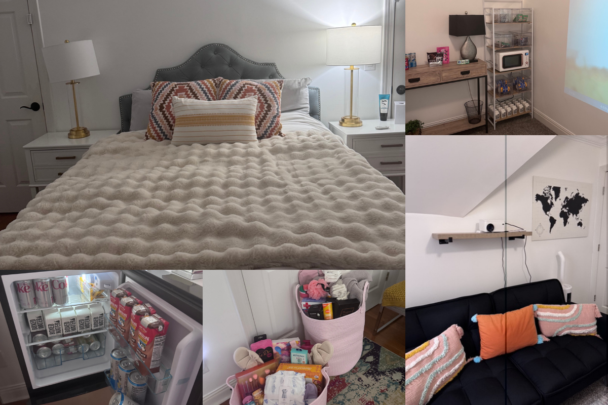 Au pair suite with cozy bedroom, mini fridge, snack basket, and media lounge with projector