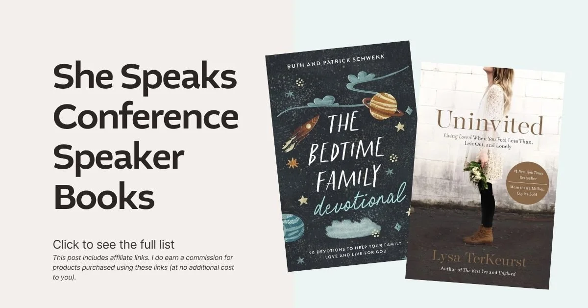 "She Speaks Conference Speaker Books" graphic featuring "The Bedtime Family Devotional" and "Uninvited."