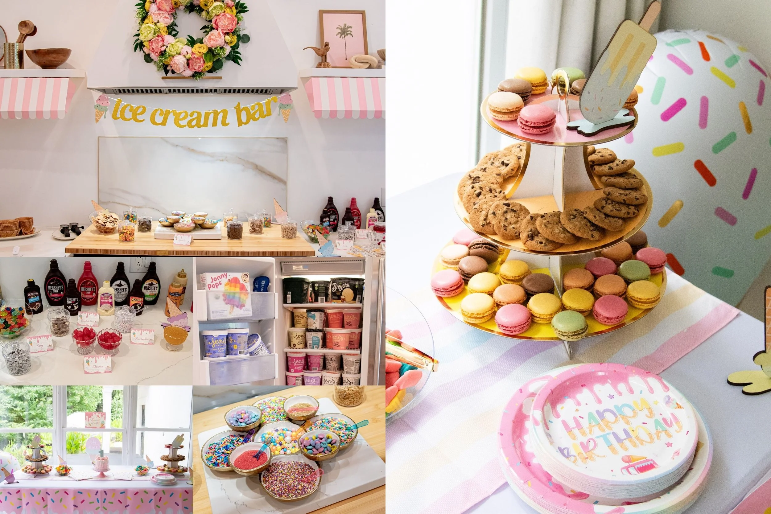 Photo collage of party decor, the cake, and gift table from Isla Grace's sweet one birthday